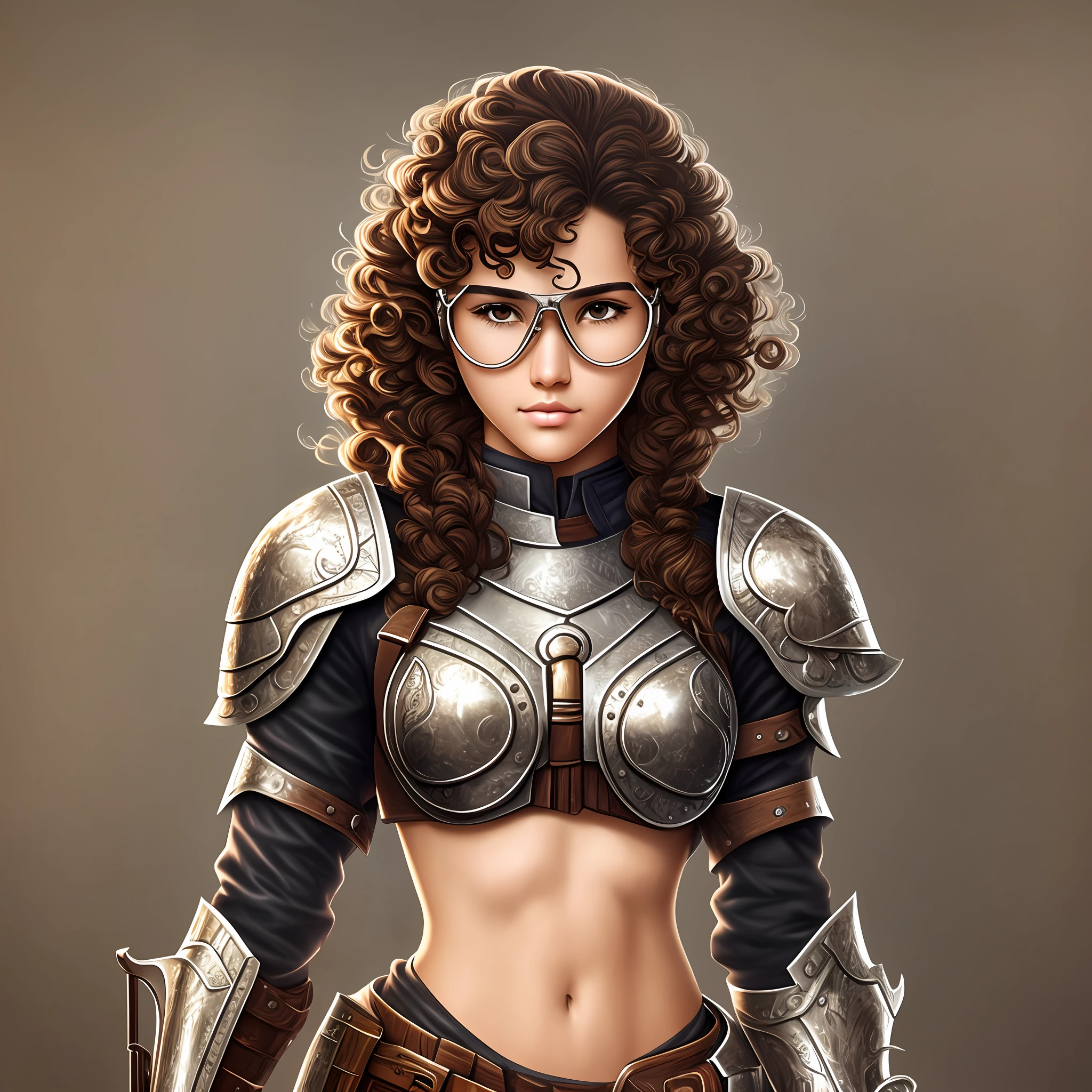 19 year old girl,Brazilian face without being with drawing aspect, with medium curly hair,wearing transparent glasses,half defined detailed face,brown eyes, wearing an armor and holding a gun,good image quality --auto --s2