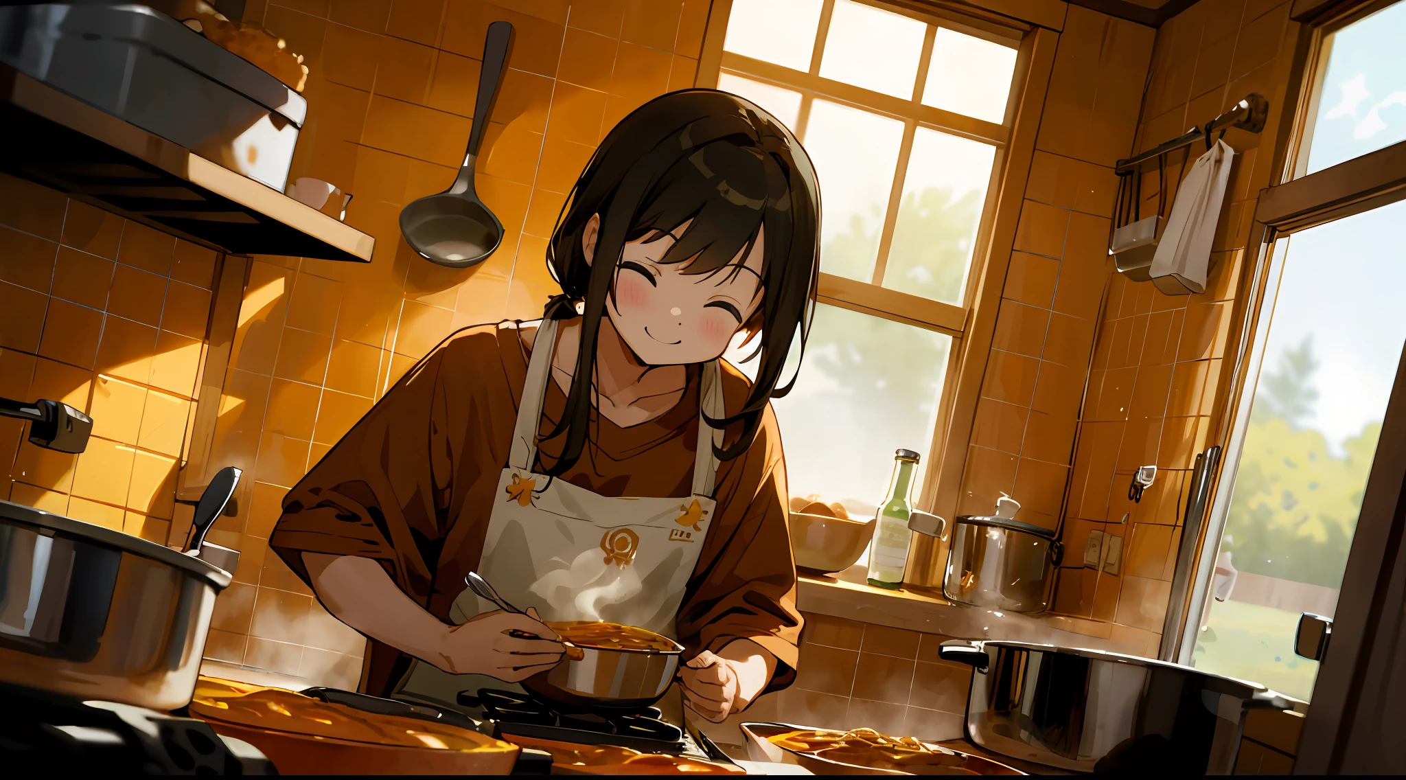 cowboy shot, depth of field, cinematic angle, masterpiece, best quality, super detailed, a couple, couple, cooking in the kitchen, cooking curry, curry, kitchen, smile