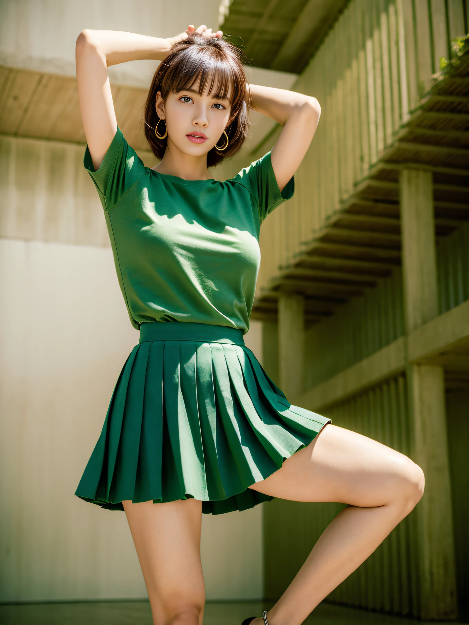 Lisa, wearing green T-shirt, open waist, pleated skirt, long legs, masterpiece, superlative, realistic, HD, photographic lighting, 16k