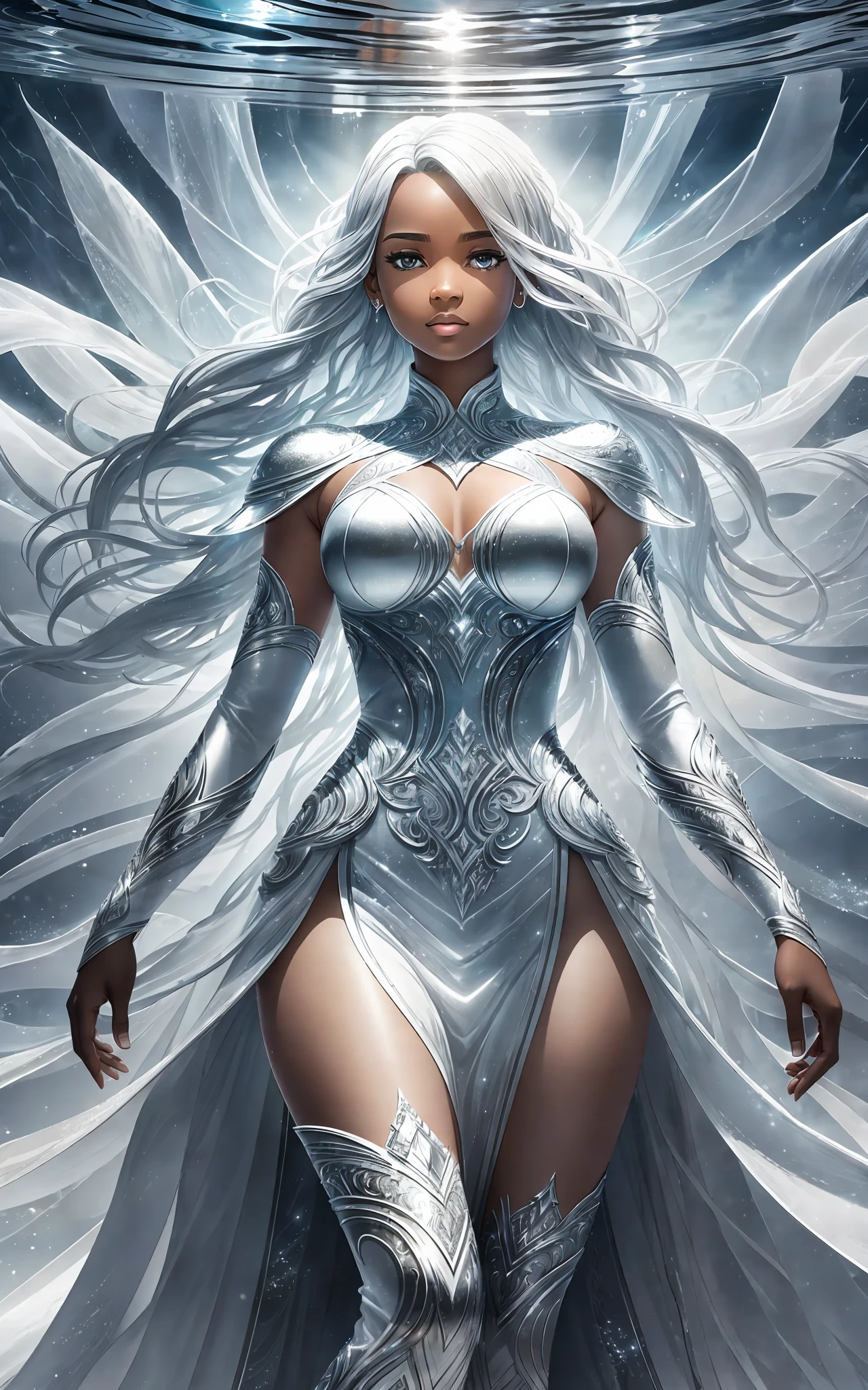 award winning 64k concept art of (black 1girl:1.2) in white majestic open dress standing proudly on the ice, posing, epic, god rays, centered, upper body, (masterpiece:1.2), (best quality:1.2), Amazing, highly detailed, beautiful, finely detailed, warm soft color grading, Depth of field, extremely detailed 64k, fine art, stunning, iridescent, shiny, (light reflections:1.2), (crisp:1.5), silver curls, storm, vibrant, sunlit, (edge detection:1.2), absurdres, impressive, 120mm