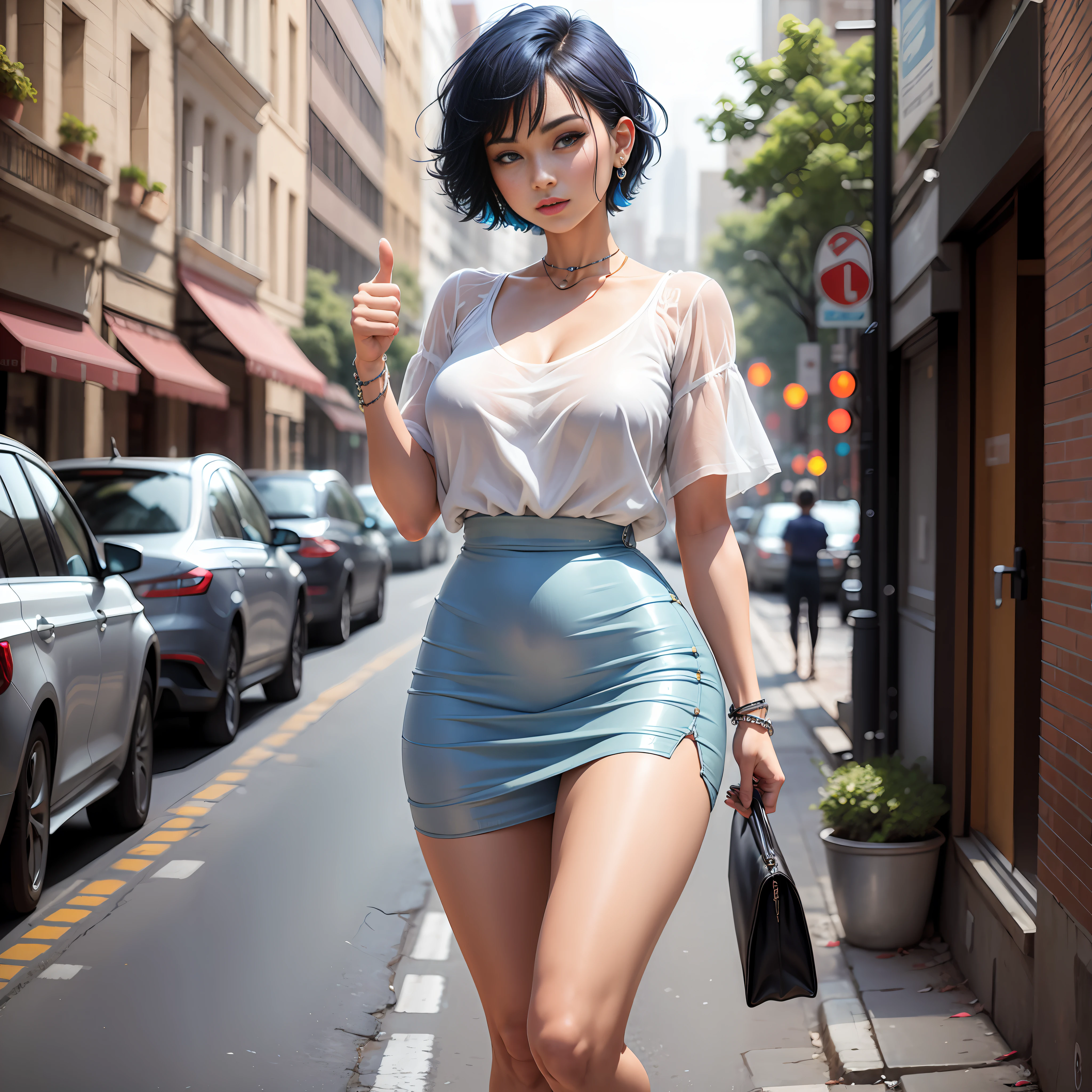 Top Quality, Masterpiece, Ultra High Resolution, Beautiful, Raw Photo, Sharp Focus, Pretty Woman with Perfect Body Shape 1.4, Blue Short Hair, Piercings, Accessories, Saliva, Full Body, , City Street, White Shirt, Maxi Dress, Tight Skirt, Thumbs Up --auto --s2