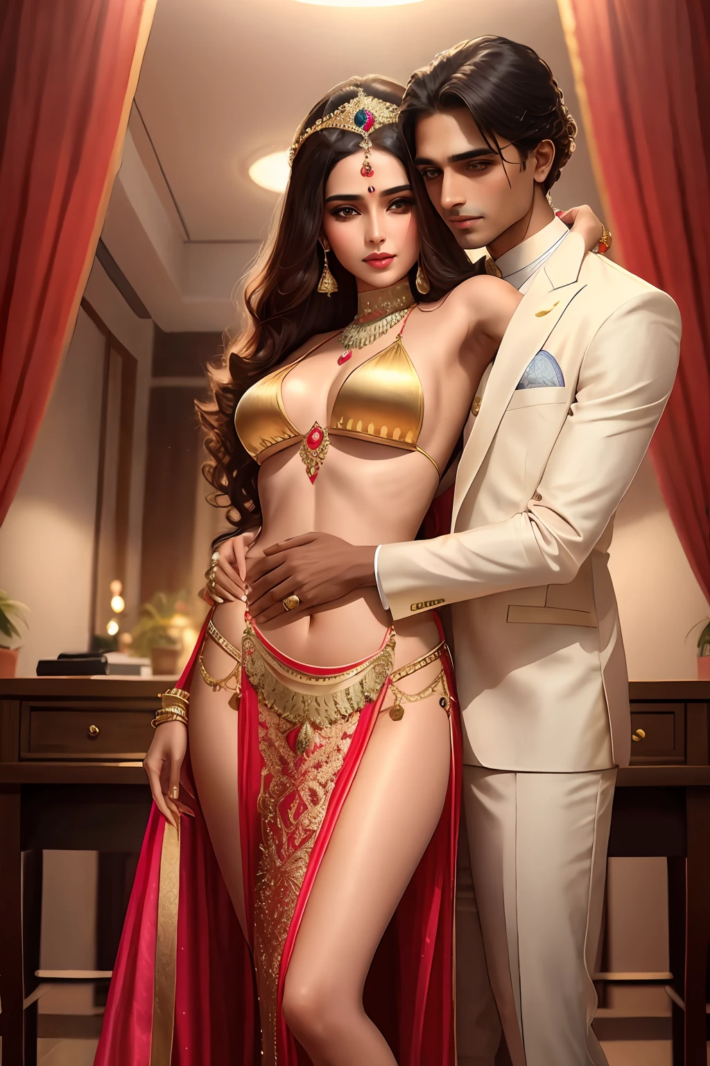 Indian princess show stomach long legs wear jewellers dress type bikini. With 1 man wear formal dress. In office. Hugging pose in front of camera. Realistic image detail image.