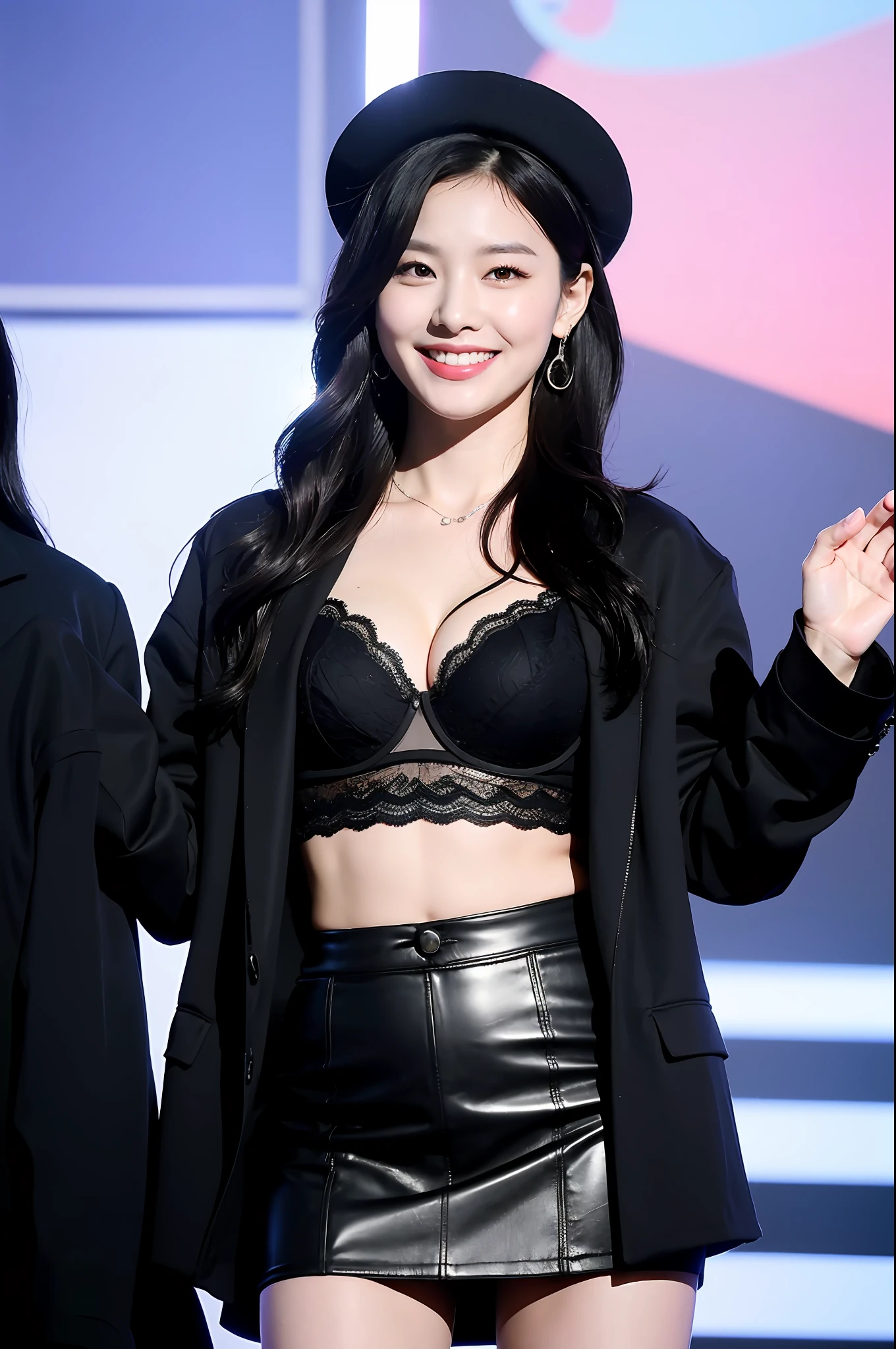 Korean woman, black hair, sexy woman, K-pop idol, smiling, single woman, wearing black bra, black jacket, black mini skirt, black hat