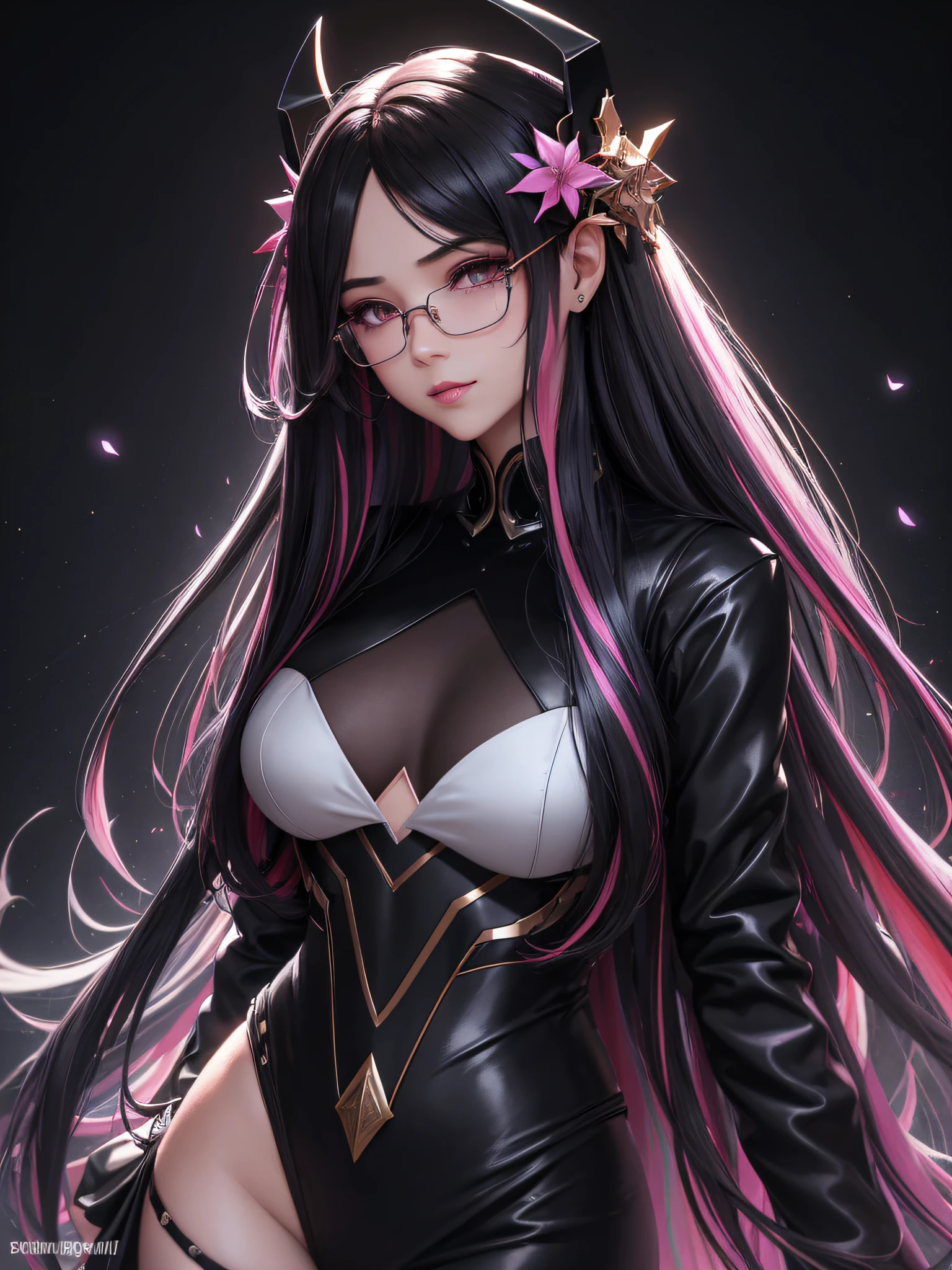 girl, Long hair, Black silk, Sexy, Lovely, Blush, Perfect facial features, multicolored hair, streaked hair, braid, hair strand, shiny hair, crown, rimless eyewear, heart hair ornament, mole under eye, longeyelashes, color contact lenses, smile, parted lips, Realism, Futurism, Art Deco, Expressionism, Contemporary art, chromatic aberration, cinematic lighting, ray tracing, bloom, anaglyph, optical illusion, from below, Sony FE GM, retina, 1080P, UHD, ccurate, textured skin, super detail, award winning, best quality, high details, high quality --chaos 100 --stylize 1000 --style