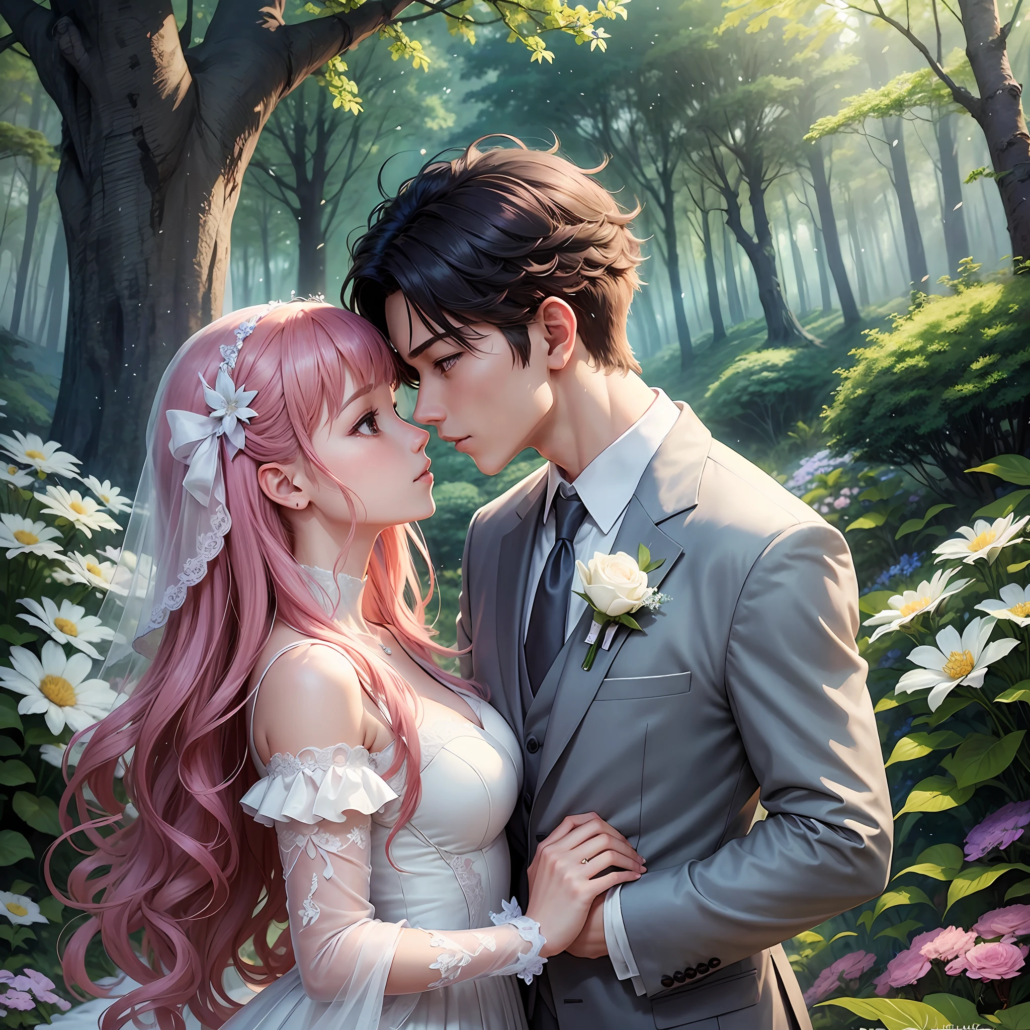 Generate a fairytale-style image featuring an anime character of a boy and a girl. The boy wears a delicate suit and the girl wears a gorgeous wedding dress. They are staring at each other, with loving expressions, or kissing. In the background is a dense forest and a clear sky with soft white clouds and colorful flowers blooming in the woods. In the appropriate places of the image, add "We are getting married" and "2023.07.07" in the form of WordArt --auto --s2