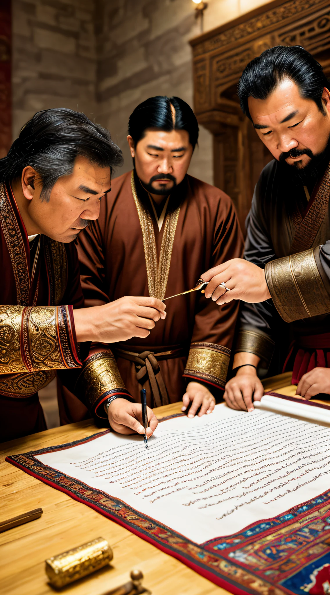 (masterpiece, 8K, UHD, realistic oil painting:1.3, by Greg Rutkowski), Genghis Khan, (engaged in collaboration with scholars:1.2), ancient Mongolian setting, parchment and ink, intense concentration, furrowed brows, symbols taking shape, harmonious atmosphere, vibrant colors, warm lighting, unity of minds, historic moment, intricate details, realistic portrayal of the collaborative effort.