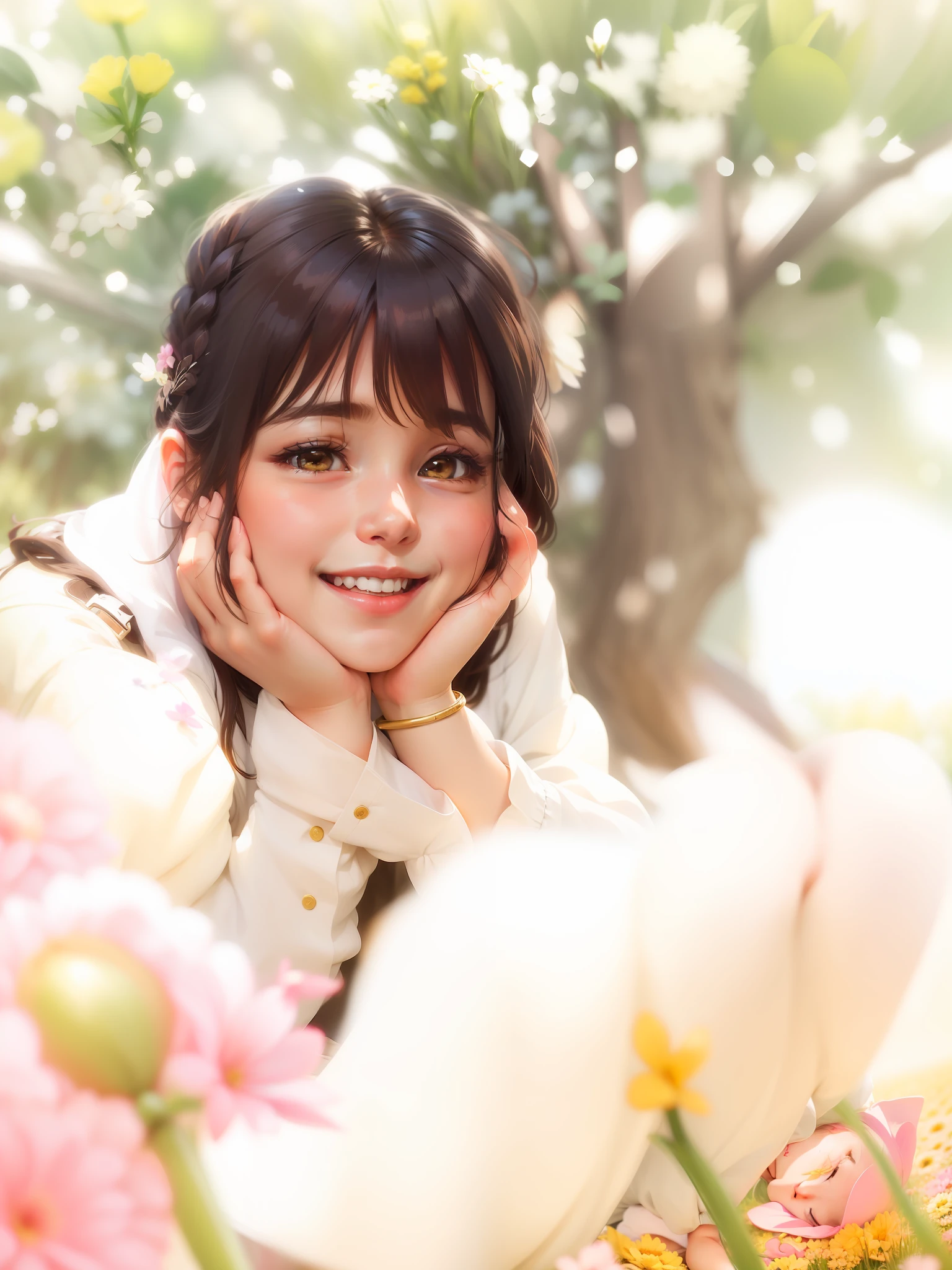 There is a young girl lying on the ground in a flower field, she is smiling happily, sweetly, and the lovely young girl, Anime, looks at the note below