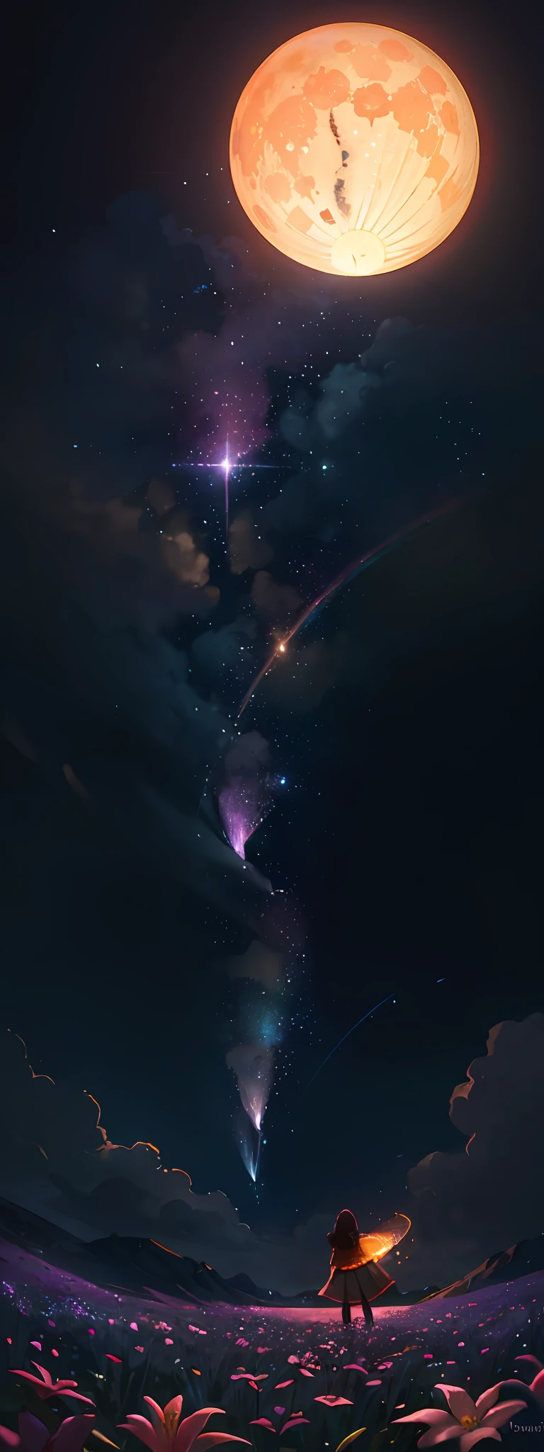 Vast landscape photo, (viewed from below, the sky is above and the open field is below), a girl standing on a flower field looking up, (full moon: 1.2), (meteor: 0.9), (nebula: 1.3), distant mountains , Trees BREAK Crafting Art, (Warm Light: 1.2), (Fireflies: 1.2), Lights, Lots of Purple and Orange, Intricate Details, Volumetric Lighting, Realism BREAK (Masterpiece: 1.2), (Best Quality), 4k, Ultra-Detailed, (Dynamic Composition: 1.4), Very Detailed, Colorful Details, (Rainbow Colors: 1.2), (Glow Lighting, Atmospheric Lighting), Dreamy, Magical, (Solo: 1.2)