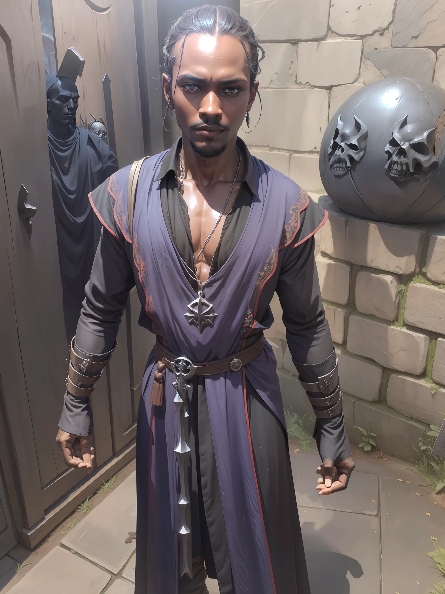 Medieval necromancer, with dark skin, with cultists around.