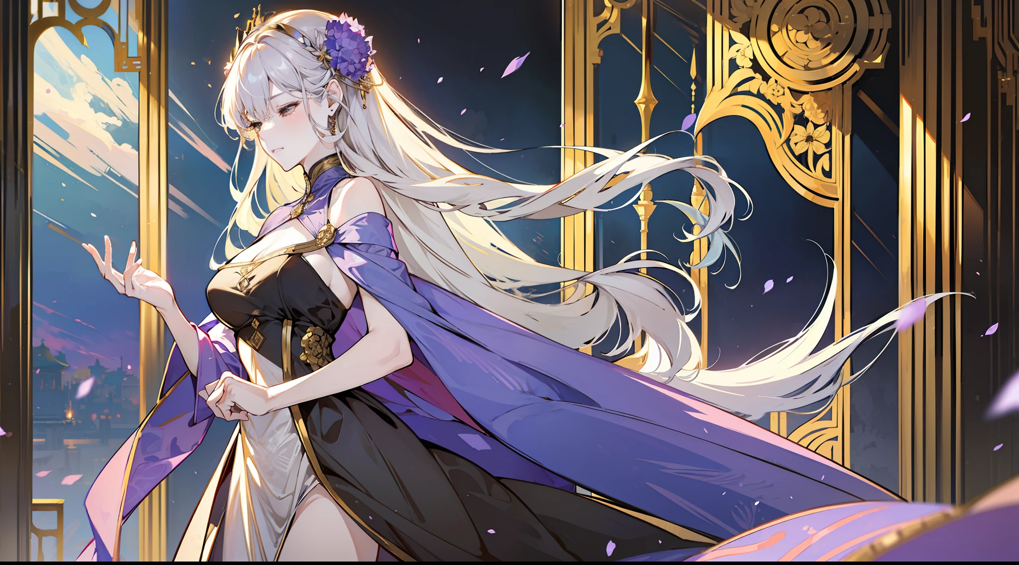 (absurd, high resolution), (panorama), full-body, a woman, mature, beautiful, tall, queen's dress, lilac complex, exquisite, brown eyes, pale blonde hair, silver crown on the head, (eyes closed), painful, in the palace, brilliant, magical, holding a long golden delicate wand,