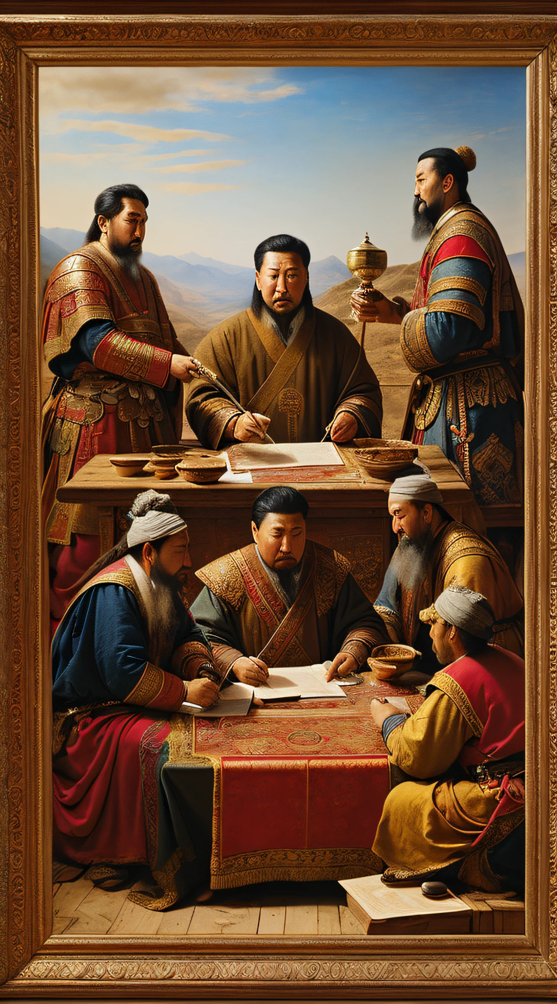(masterpiece, 8K, UHD, realistic oil painting:1.3, by Greg Rutkowski), Genghis Khan, (engaged in collaboration with scholars:1.2), ancient Mongolian setting, parchment and ink, intense concentration, furrowed brows, symbols taking shape, harmonious atmosphere, vibrant colors, warm lighting, unity of minds, historic moment, intricate details, realistic portrayal of the collaborative effort.