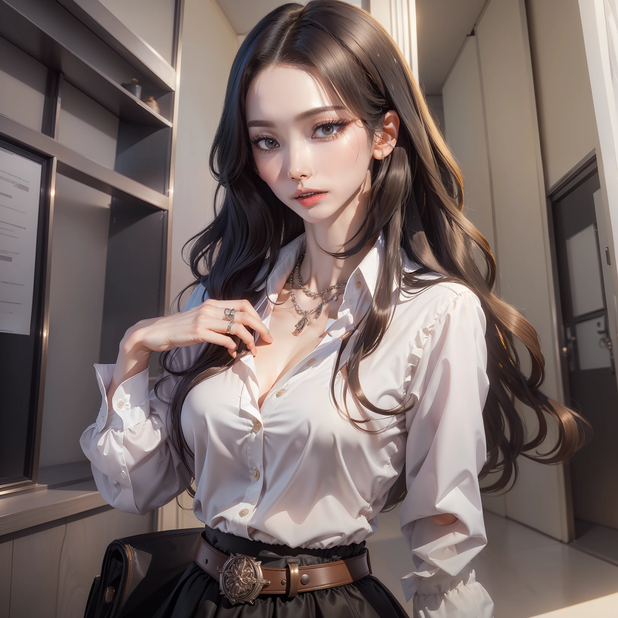 (Best quality, High resolution, Masterpiece :1.3), A tall and pretty woman, Slender abs, Dark brown hair styled in loose waves, Breasts, Wearing pendant, White button up shirt, Belt, Black skirt, (Modern architecture in background), Details exquisitely rendered in the face and skin texture, Detailed eyes, Double eyelid