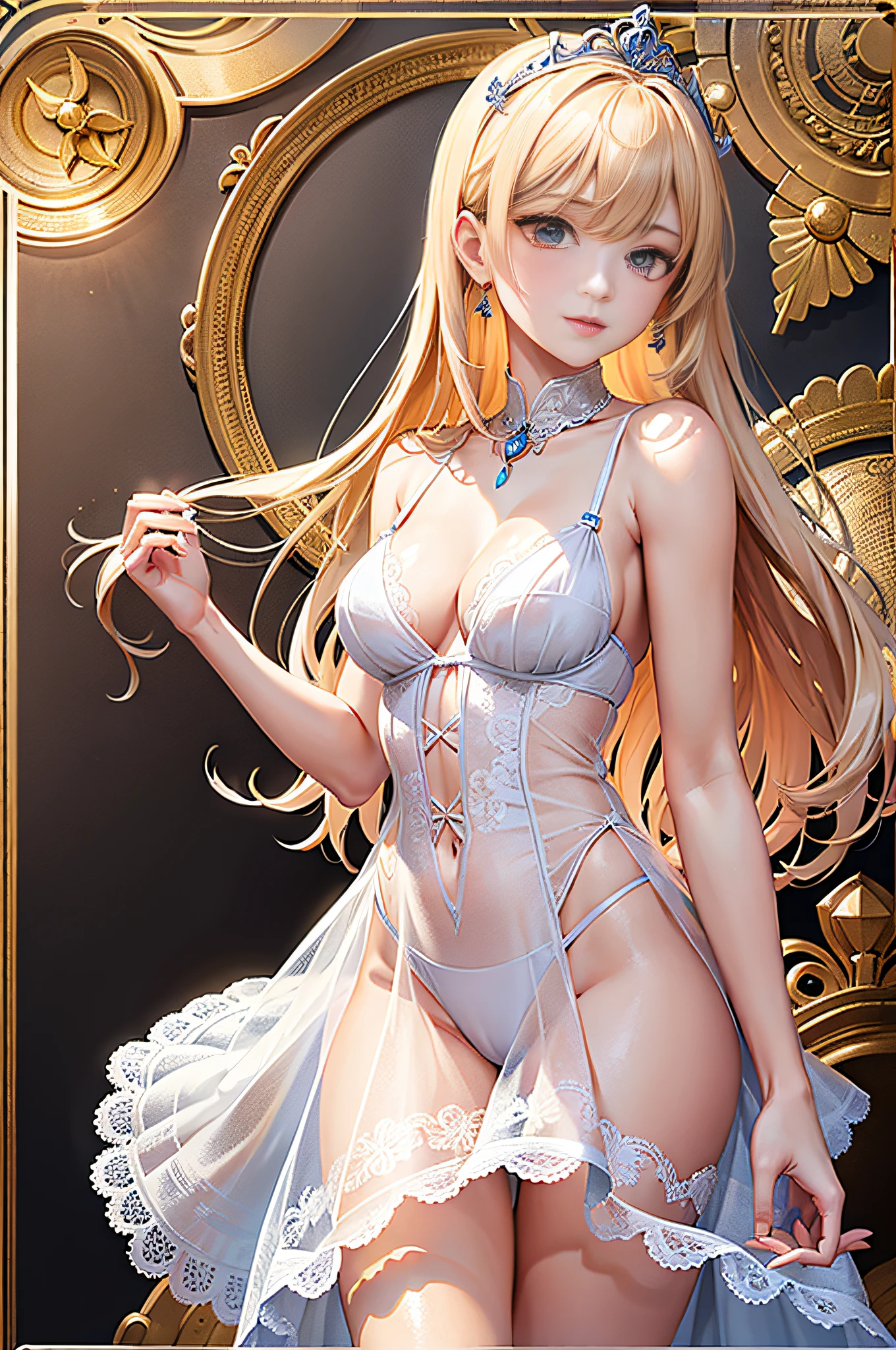 (Masterpiece, Top Quality, Best Detail, Official Art, Beautiful and Aesthetic: 1.2), (1 Girl: 1.3), Highly Detailed, (Fractal Art: 1.1), (See-through: 1.3), (Lingerie Dress: 1.5), (Cowboy Shot: 1.5), (Shiny Skin), (Mekosuji: 1.4), (Tiara: 1.4), (Low Rise Panties: 1.4), breasts with beautiful shape, slim waist, golden hair, looking at the viewer, detailed eyes, metal ornaments, very delicate details, frontal figure, light illuminating the face,