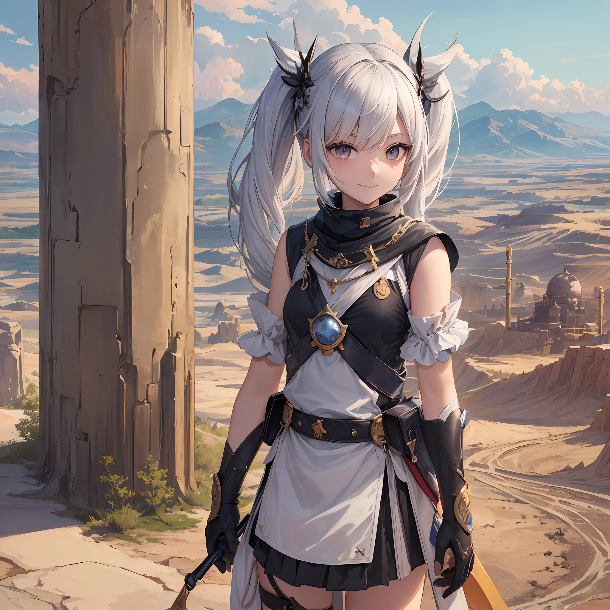 (masterpiece), top quality, excellent anatomy, shuimobi sim, (1 girl: 1), (upper body), (smile), (ecchi 0.5), (tree: 0.5), (flower: 0.6), (wooden house: 0.2), (bamboo forest: 0.2), (stream: 0.2), (river: 0.2), desert anime girl with scorpion in hand, painted in anime painter studio, made in anime painter studio, White-haired god, standing next to desert oasis, standing in the desert, official art, twin tail white_gloves s, distant desert planet, desert nomad --auto --s2