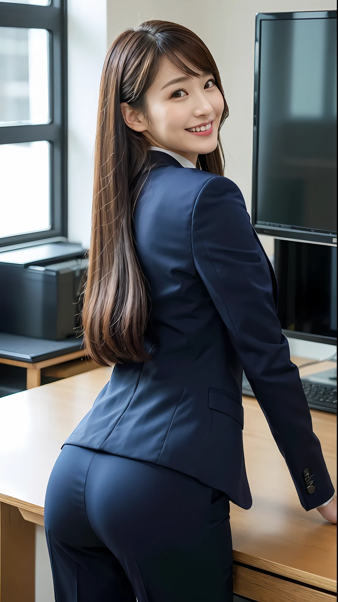 (Top Quality, 8k, 32k, Masterpiece, UHD: 1.2), 1 Girl, Beautiful Japan Woman, Navy Suit, Open Jacket, OL, Suit, Pants, From Back, Office, Desk, (Protruding Butt: 1.2), Detail Face, Long Hair, From Underneath, Smile,