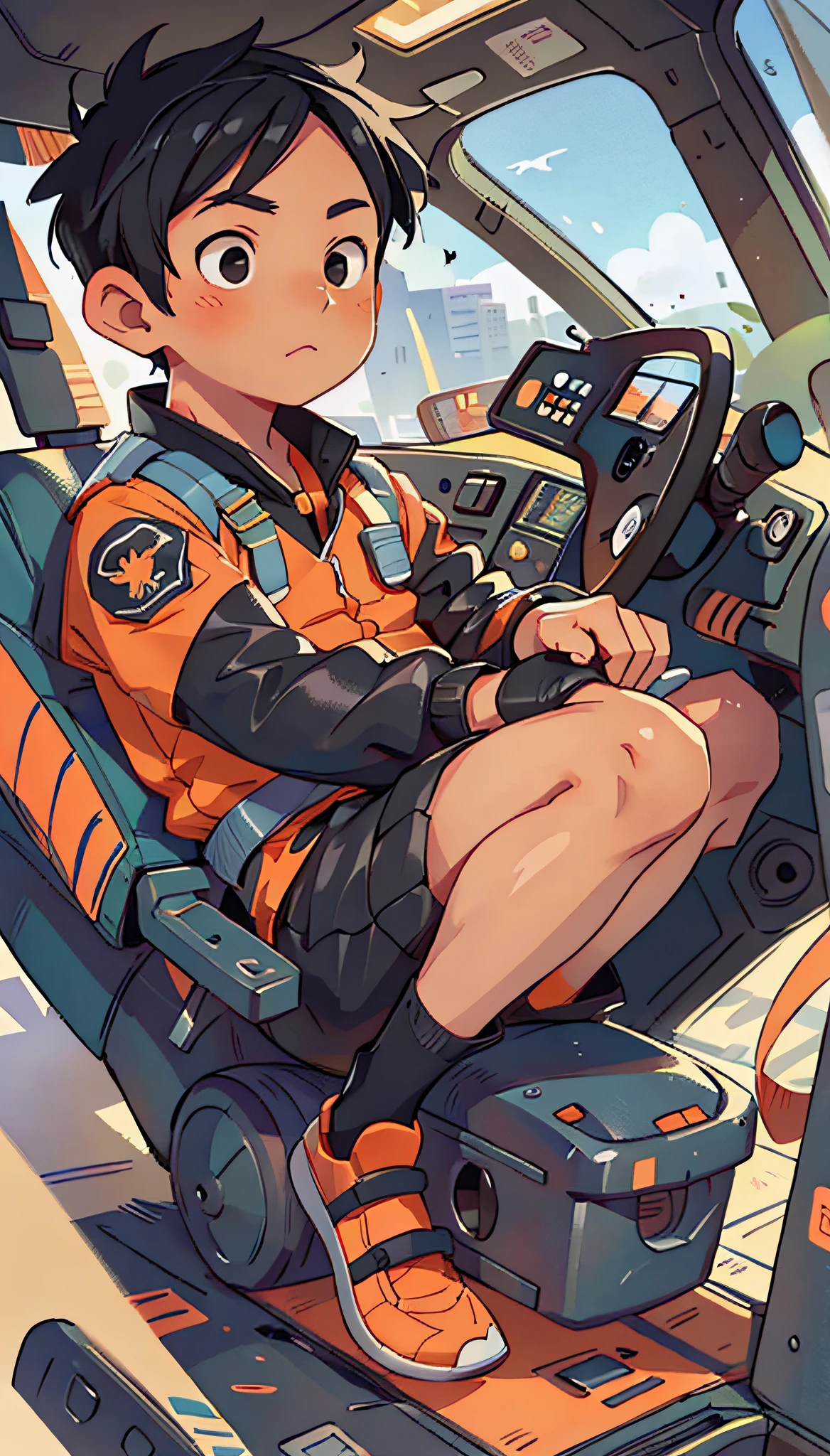 raw, 8k, masterpiece, simple background, best quality, super detailed, illustration, 1 little boy, pilot, black eyes, black hair, orange uniform, round face, Chinese, preparation before takeoff, cockpit, full body