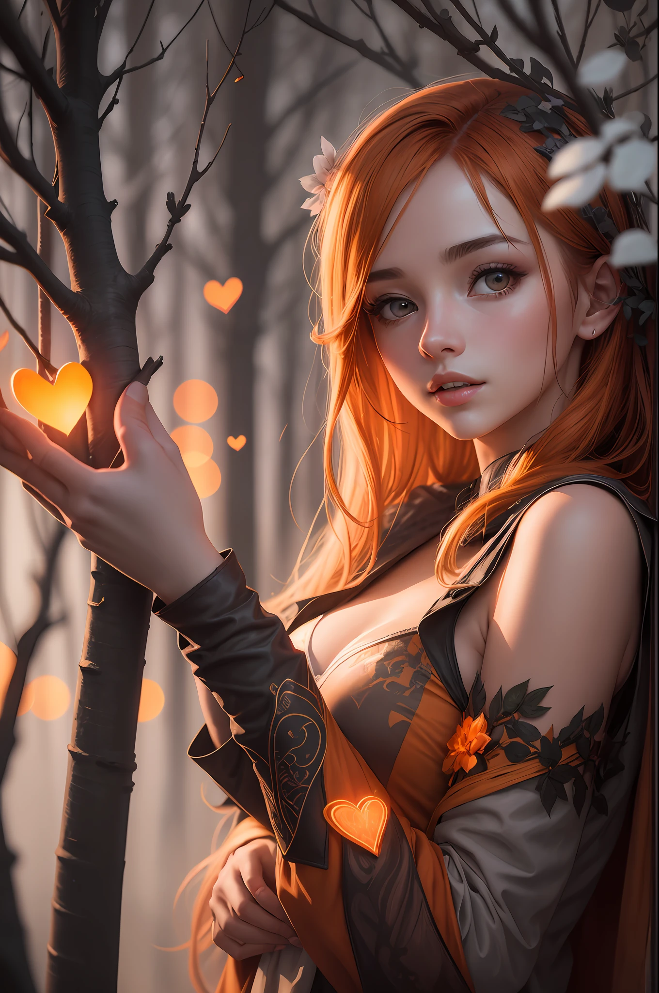 Beautiful Young Woman covered with tree branches , bright orange white glowing heart visible from human, Night time , colorful, photography hyperdetailed cinematic lighting hdr, softbox lighting, extreme detail --auto --s2