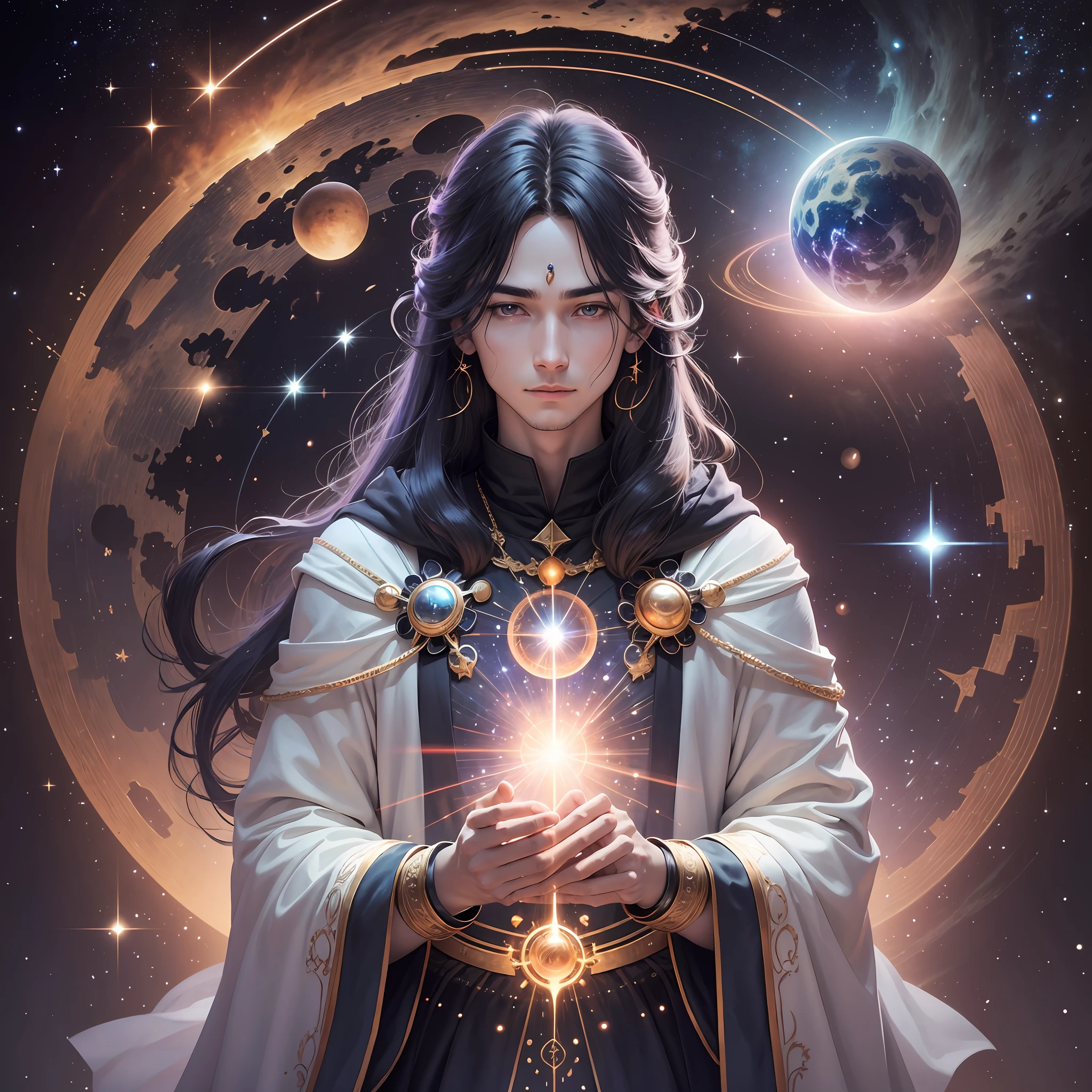 In the vast universe, there exists a mysterious and powerful astronomical mage, whose name is Aios. As an astronomical mage, Ios holds the energies and mysteries of the universe and galaxies. Aios wears a dark blue robe covered with twinkling stars and galactic patterns. His figure is thin and tall, showing a temperament different from other mortals. He has long black hair that radiates a mysterious light, while his eyes shine brightly, containing the wisdom of the universe and the power of the stars. In his hand, he holds a staff that emits starlight, and at the tip of the staff is a miniature model of the universe, floating like a real galaxy. As an astronomical mage, Ios is able to interconnect with cosmic forces. He is able to manipulate the energy of the stars and mobilize the power of the stars. He can predict changes in celestial phenomena and future cosmic events by manipulating the trajectories and sequences of stars. He was able to draw brilliant star maps in the night sky and reveal the universe. Aios' astronomical spells also include the ability to manipulate stars. He can summon meteor showers and bring countless stars to the ground, bringing blessings and surprises to special occasions. He can manipulate the gravity of stars, changing the orbit and speed of celestial bodies, causing planets and moons in the universe to move as he wishes. In addition to manipulating the stars, Ios' intelligence made him unmatched in the study of the universe and astronomy. He is well versed in celestial mechanics and the origin and evolution of the universe, and can explain the mysteries of the universe and the nature of gravity at the center of the universe. He constantly observed the changes in the universe and led people to understand the magnificence and extraordinary of the universe. Aios is also a seeker of cosmic peace. He uses his wisdom and strength to help and guide the inhabitants of distant planets. He promotes the development of civilization and the advance