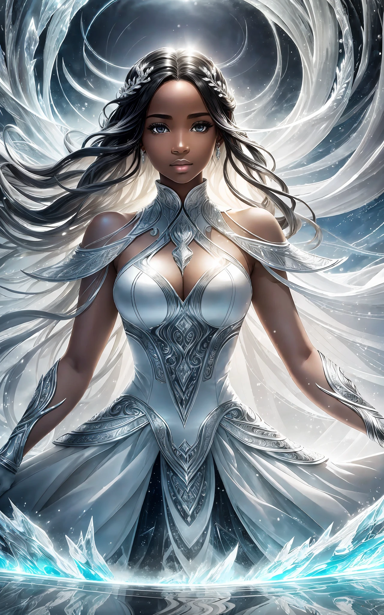 award winning 64k concept art of (black 1girl:1.2) in white majestic open dress standing proudly on the ice, posing, epic, god rays, centered, upper body, (masterpiece:1.2), (best quality:1.2), Amazing, highly detailed, beautiful, finely detailed, warm soft color grading, Depth of field, extremely detailed 64k, fine art, stunning, iridescent, shiny, (light reflections:1.2), (crisp:1.5), silver curls, storm, vibrant, sunlit, (edge detection:1.2), absurdres, impressive, 120mm, sidelight