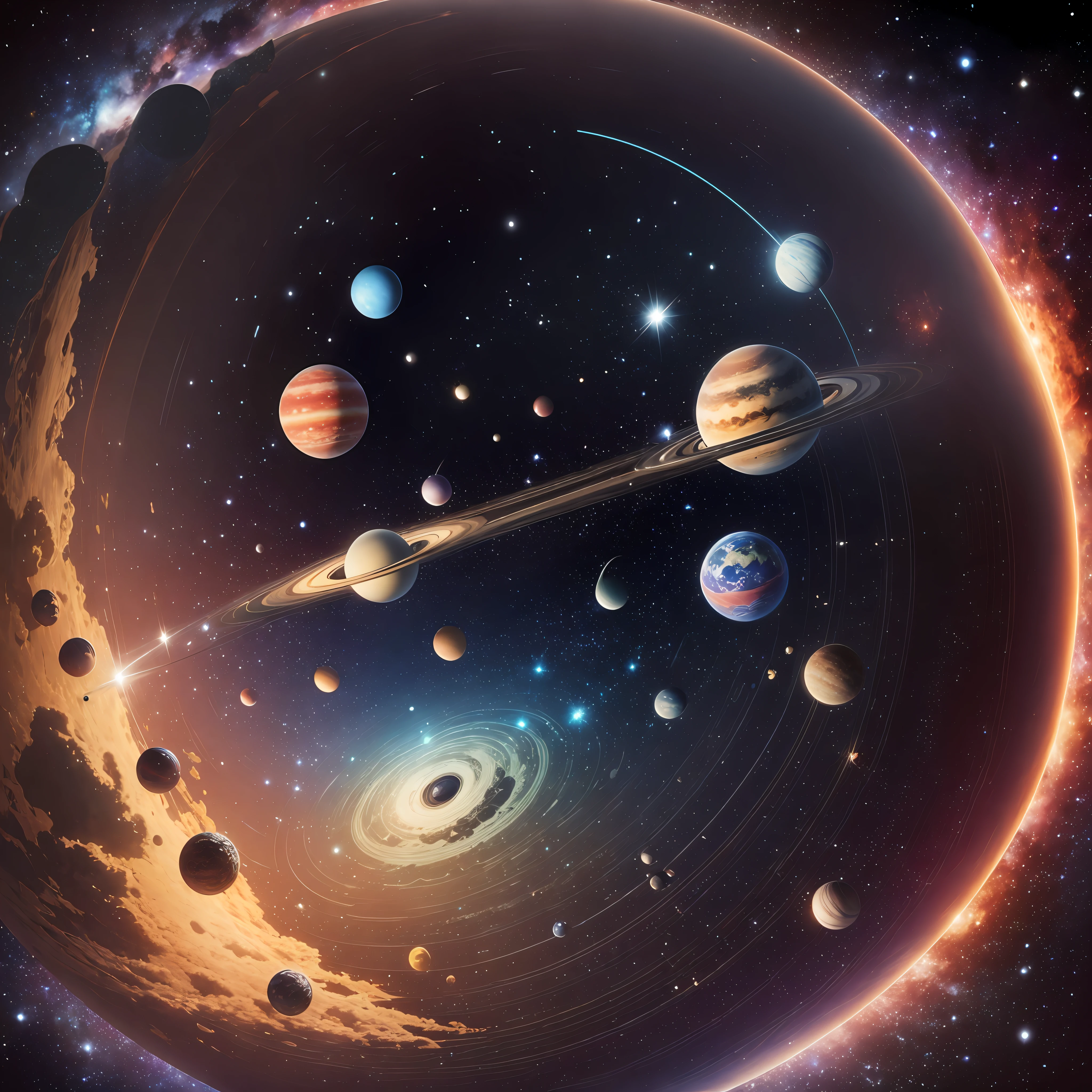Make our solar system, with all the planets well detailed and the surrounding universe full of stars and well colored --auto --s2