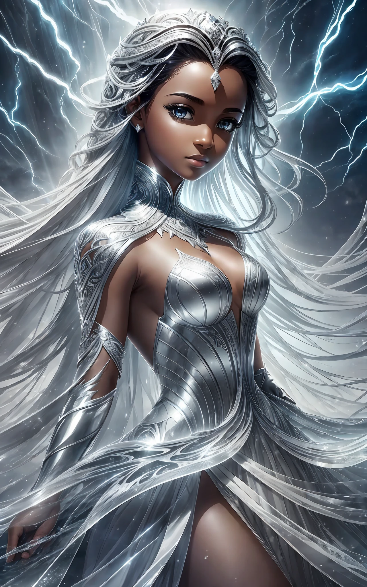 award winning 64k concept art of (black 1girl:1.2) in white majestic open dress standing proudly on the ice, posing, epic, god rays, centered, upper body, (masterpiece:1.2), (best quality:1.2), Amazing, highly detailed, beautiful, finely detailed, warm soft color grading, Depth of field, extremely detailed 64k, fine art, stunning, iridescent, shiny, (light reflections:1.2), (crisp:1.5), silver curls, storm, vibrant, sunlit, (edge detection:1.2), absurdres, impressive, 120mm, sidelight