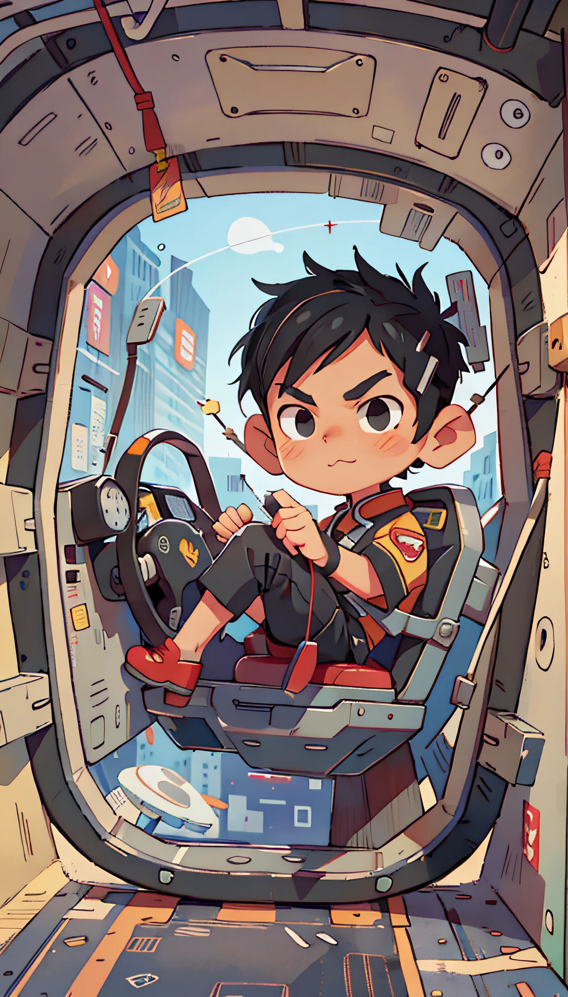 raw, 8k, masterpiece, simple background, best quality, super detailed, illustration, 1boy, pilot, black eyes, black hair, uniform, round face, Chinese, preparation for takeoff, cockpit, full body