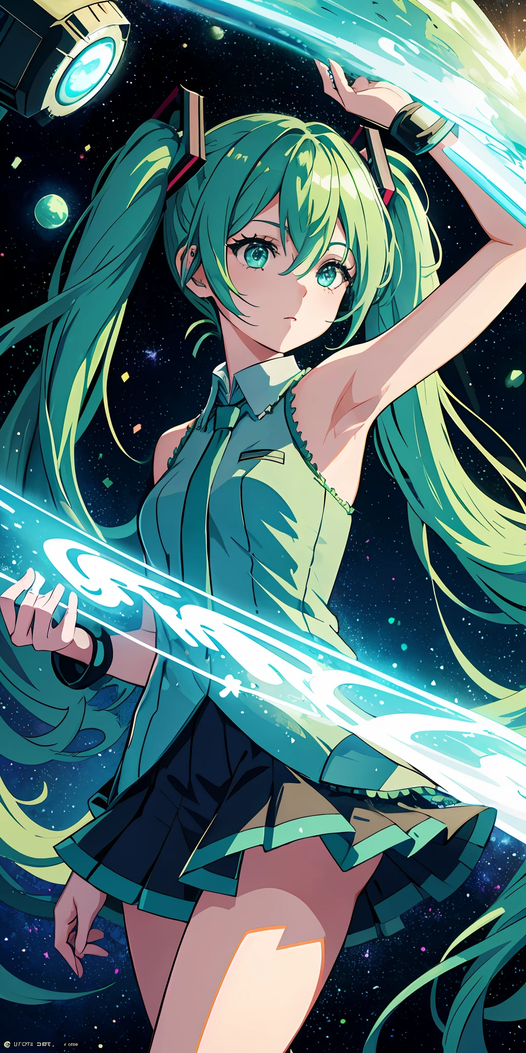Hatsune Miku, 1girl, green hair, symbol-shaped eyes, space goddess, galaxy, light particles, rays, wallpaper, high contrast, colorful,