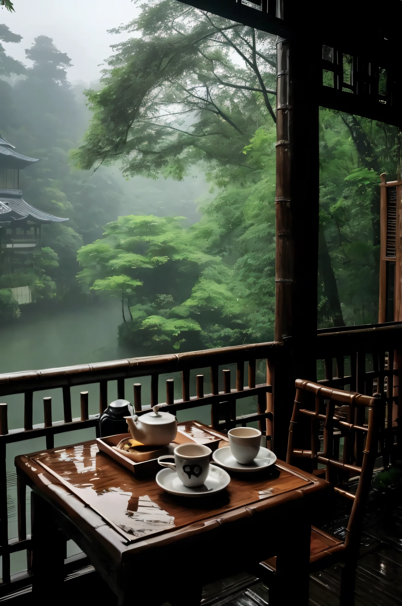 Gangnam style building, background in a bamboo forest, rainy climate, table, some tea set on the table, looking outside --v 5.1