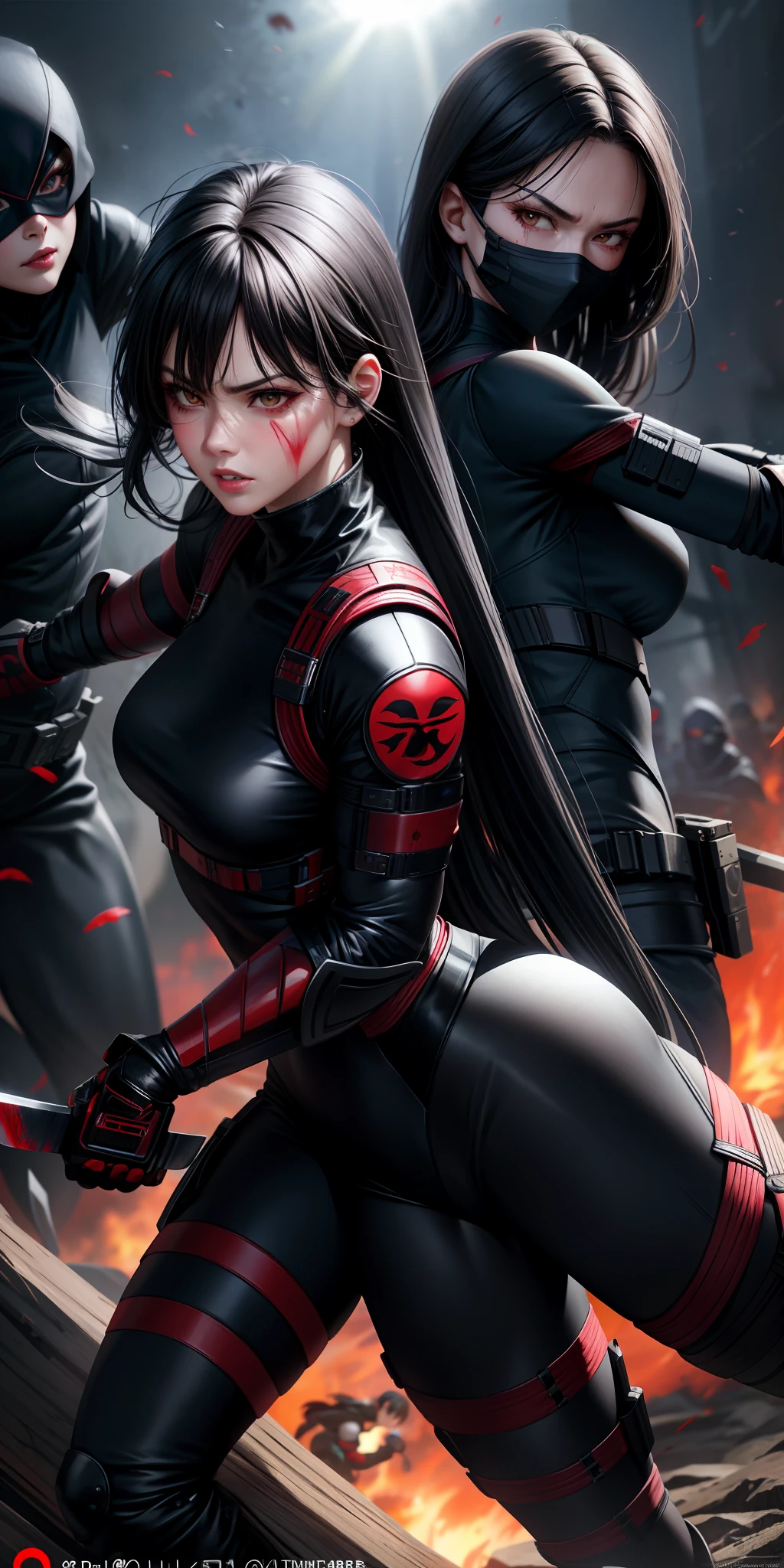 realistic, 2 women, bright eyes, black hair, ninjas, masks, red eyes, ninja suit, knives, dynamic poses, fighting, lips half-open, blush, sweat, night, light, field, blood