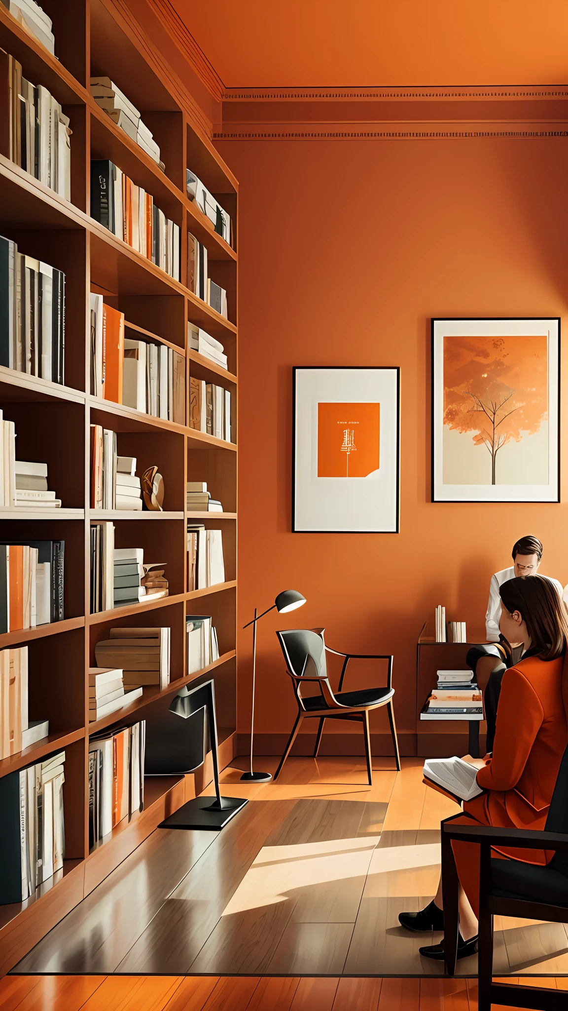 **A male lawyer and a female lawyer in a room with neutral colors, with a bookshelf filled with legal books. Clean orange background, Wes Anderson-style movie cinematic shot, ultra-realistic, 4K, more details, zoom 2, Sharp --auto --s2