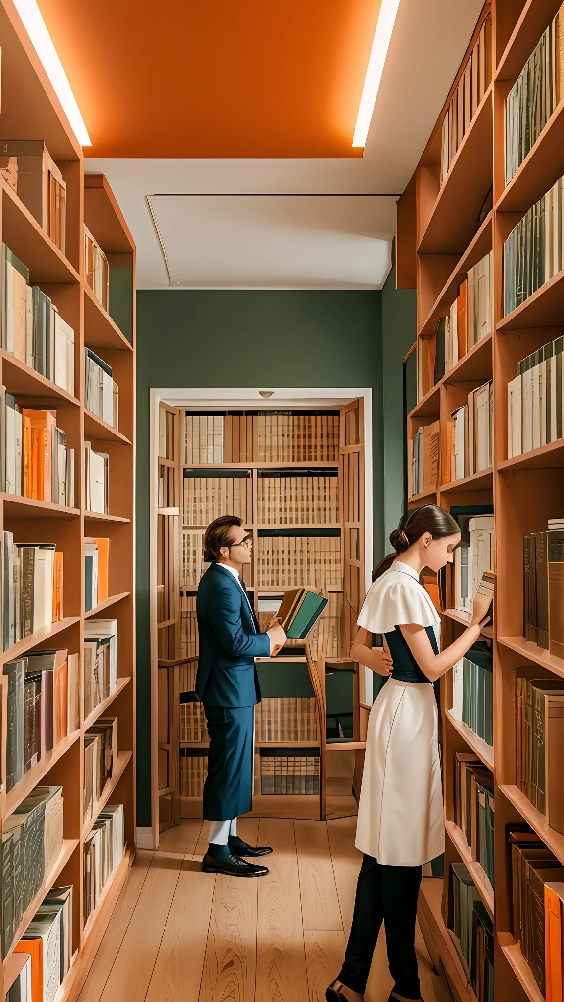 **A male lawyer and a female lawyer in a room with neutral colors, with a bookshelf filled with legal books. Clean orange background, Wes Anderson-style movie cinematic shot, ultra-realistic, 4K, more details, zoom 2,  Sharp --auto --s2