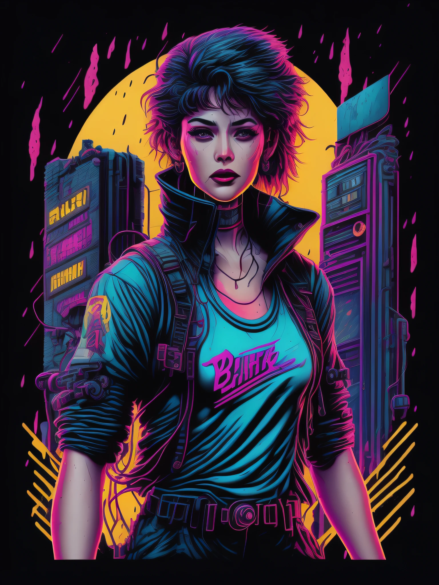 Retrowave masterpiece, best quality, high resolution, realistic, woman, firefighter, rainy wet weather, soaking wet skin, raindrops, thunderstorm, blade runner, dystopia, science fiction, biomechanical details, bright neon lights, dark threatening buildings, bare chest, big chest muscles, pale skin, pulled down pants, short black hair, ((young)) 
 Smiling Woman Character Design, Sticker, Full Body Photo, Anime Style, Trigger Studio Style, Manga Art, Comics, Ink, Graffiti Art, Graphic, Neon Colors, Golden Ratio, Golden Ratio Composition, Design for T-Shirt