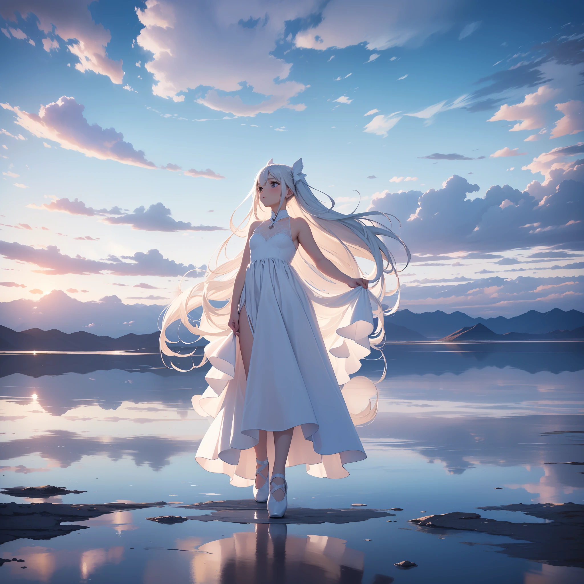 Absurdity, High Resolution, Ultra Detail, (Ultra Detail Background:1.3), (Panorama Angle:1.3), (Perspective:1.3), ///, Girl, White Long Hair, White Dress, Dance, Ballet, Salar de Uyuni, Reflection, Horizon, Sky, Clouds, Mirror-like Water Reflection Rabbit eared girl