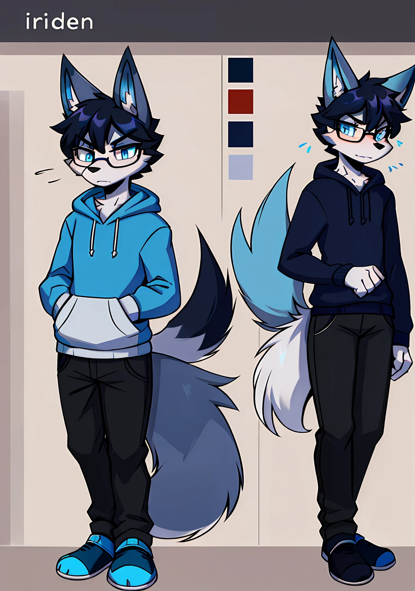 Solo, shaggy, furry male, minor, full body fur, gray-blue fur, gray-blue sweatshirt, gray-black trousers, black hair, black glasses, blue eyes, small canine, fluffy tail, male, serious face, reference sheet