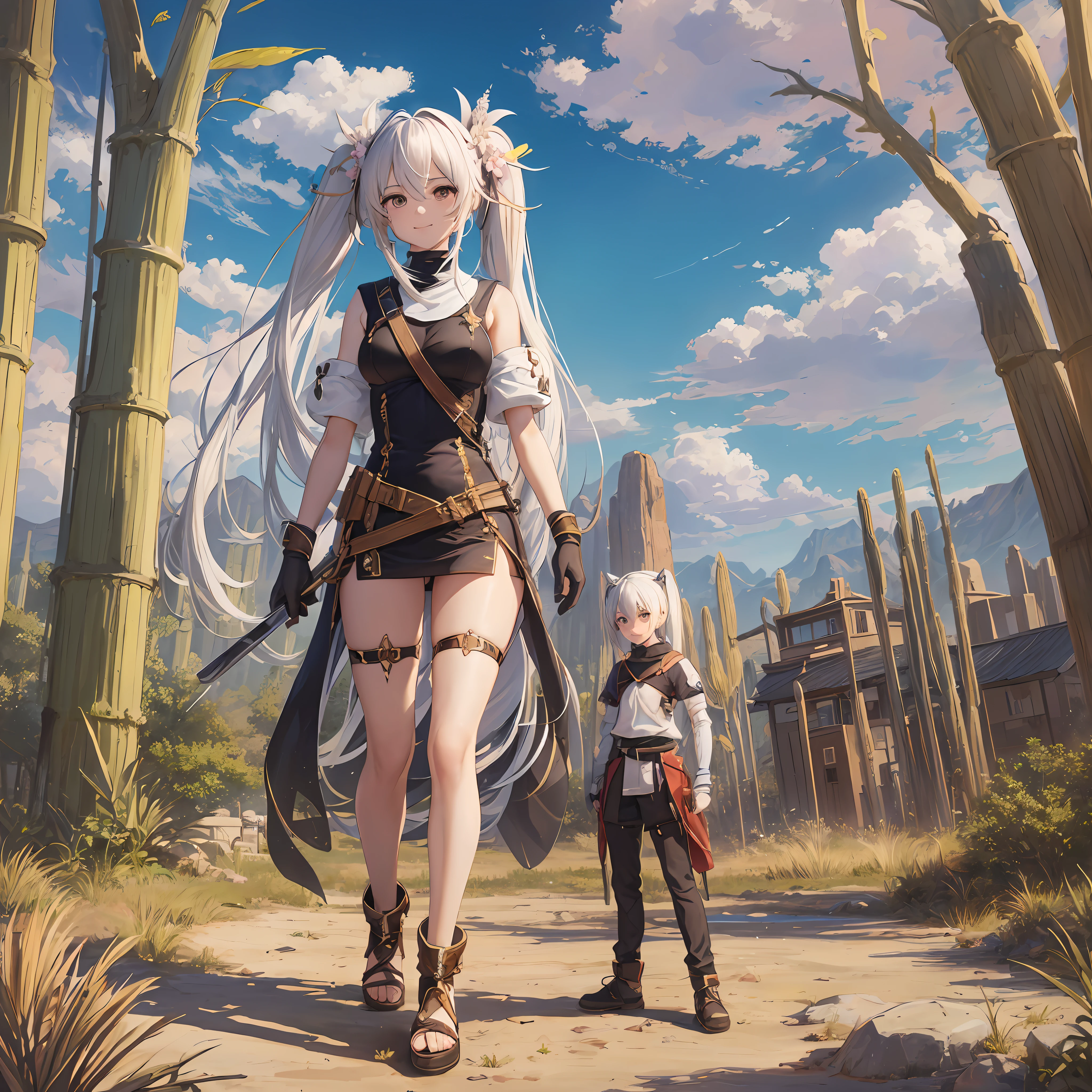 (masterpiece), top quality, excellent anatomy, shuimobi sim, (1 girl: 1), (upper body), (smile), (ecchi 0.5), (tree: 0.5), (flower: 0.6), (wooden house: 0.2), (bamboo forest: 0.2), (stream: 0.2), (river: 0.2), desert anime girl with scorpion in hand, painted in anime painter studio, made in anime painter studio, White-haired god, standing next to desert oasis, standing in the desert, official art, twin tail white_gloves s, distant desert planet, desert nomad --auto --s2