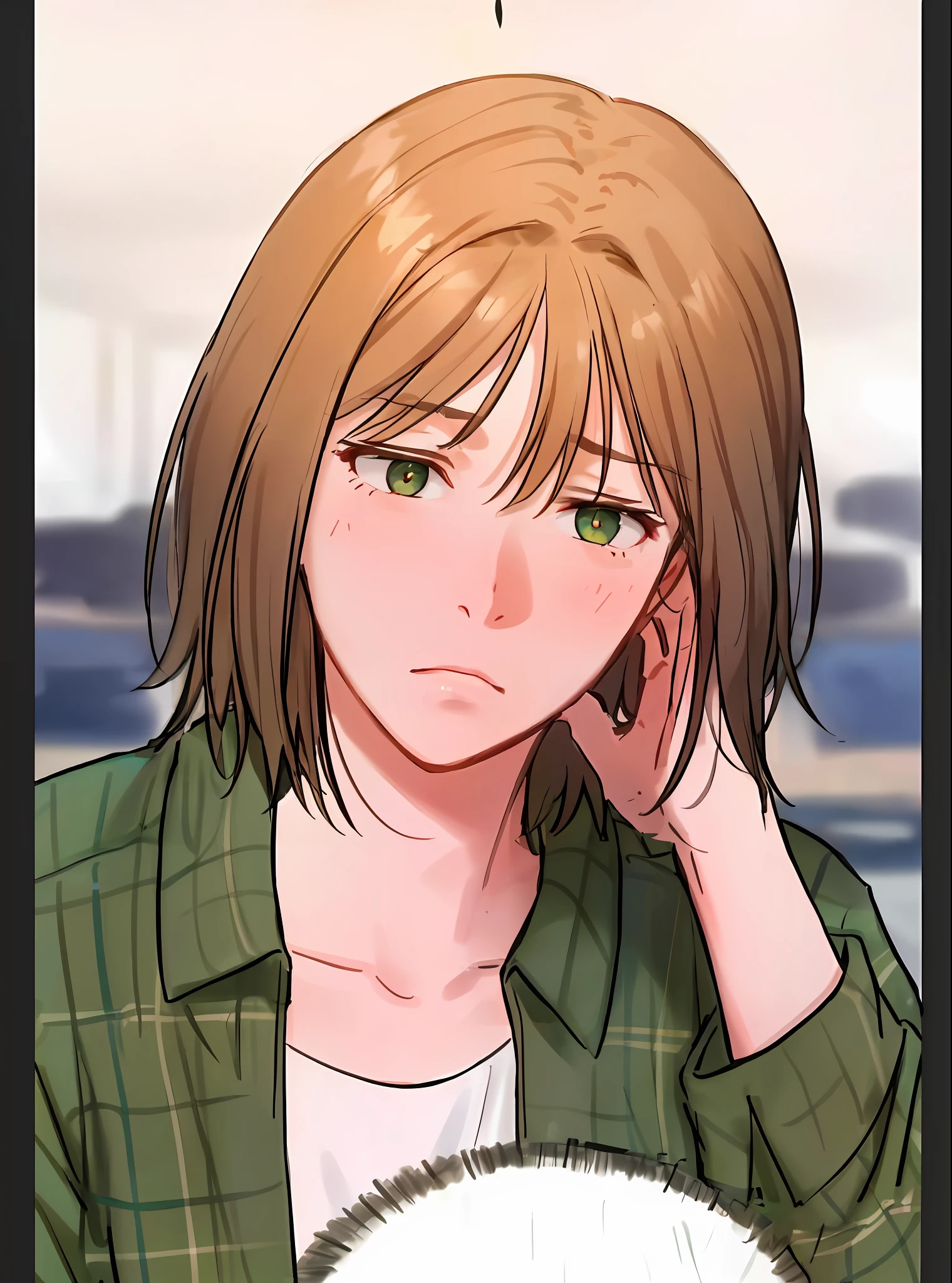 (((1girl))), ((toned)), female focus, masterpiece, high quality, (masterpiece:1.2), (best quality:1.2), bright, realistic, ornate, intricate, ((brown hair)), (short hair), green eyes, bangs, hair between eyes, hair_stick, sad_girl, green_clothes, soil, hair_bun, hair_ornament, hair_pin, holding_fan, paper_fan, sad, looking_at_horizon,((looking at the horizon)), sad pupils