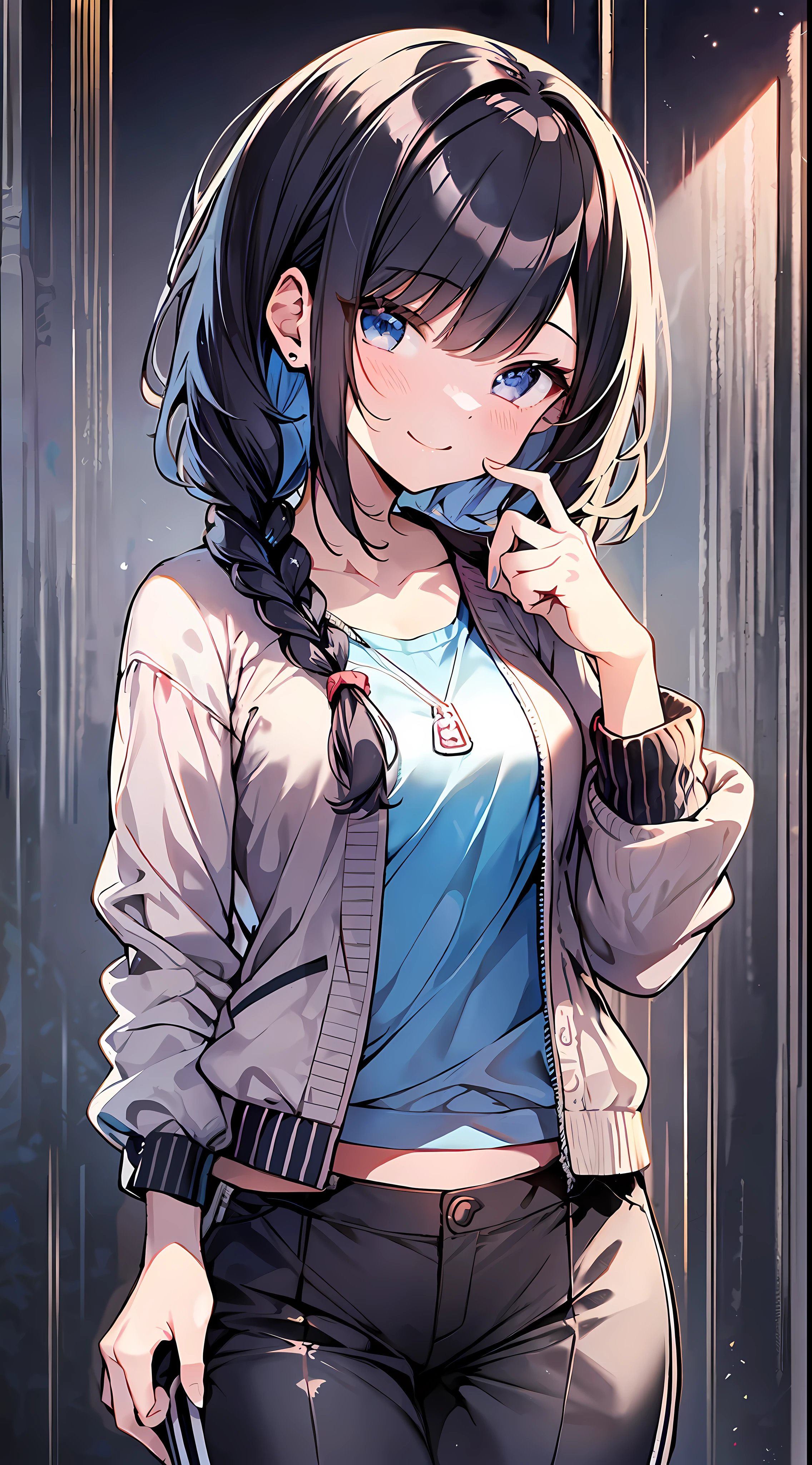 (incredibly absurdres absolutely resolution: 1.5), highest quality, masterpiece, ultra high resolution, 8k, (pale colored cardigan, tech sneakers, pants) BREAK shoujo manga style, loli, soft line art, digital enhancement, shojo manga touch, shojo manga core, (hair length to shoulder)))), ( Short braid))) BREAK Soft drawing, beautiful black hair, clear eyes, (((smile, wink)), ultra-detailed digital anime art, clear face depiction, ultra-detailed shojo manga character art, clear facial features, manga style, top quality colors, angle that you can see to your feet, entangle, beautiful and aesthetic: 1.5, High quality:1.3