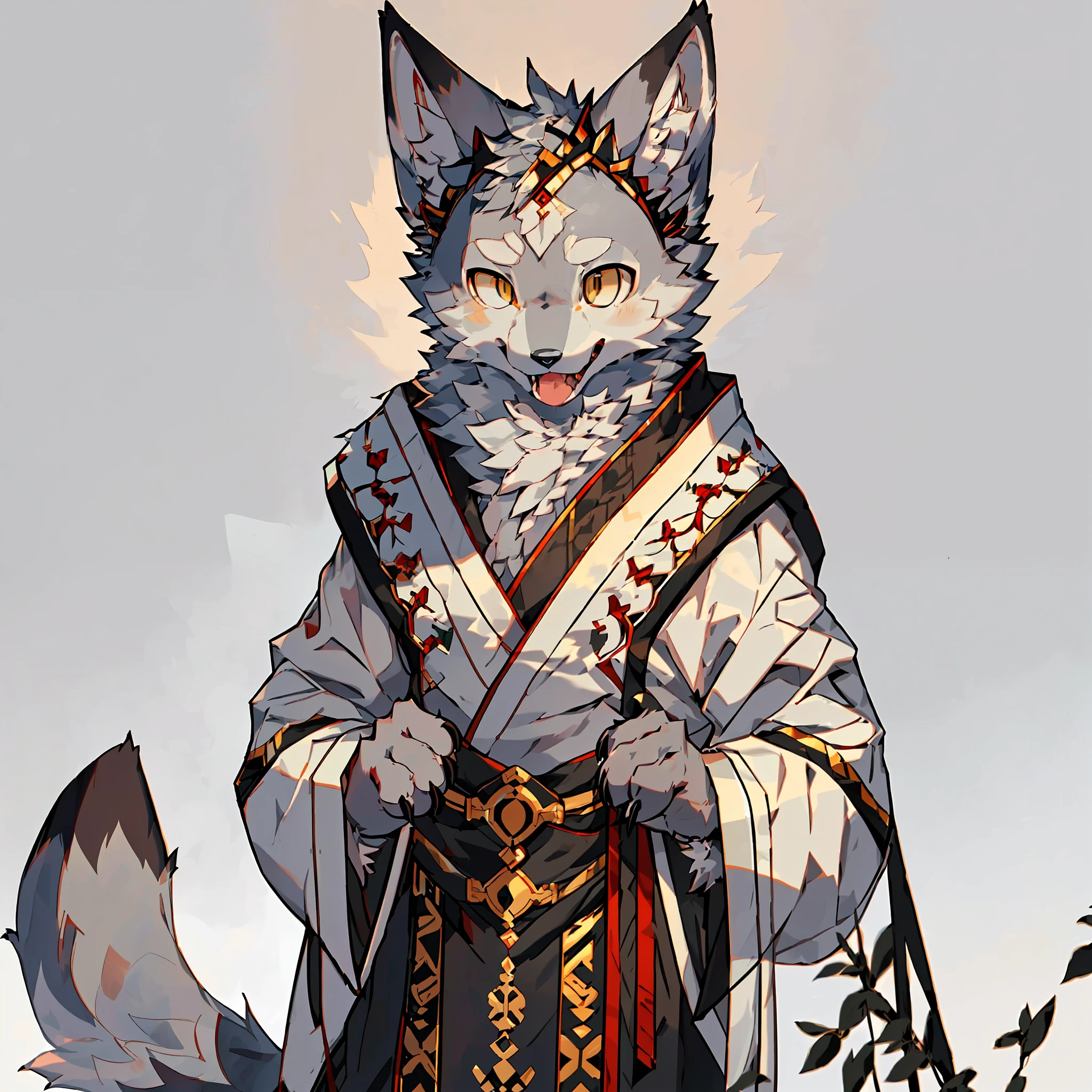 (((solo))), ((single)), (best quality), (masterpiece), (super detailed), furry, (male arctic fox: 1.5), (gray fur: 1.3), gray skin, gray ears, golden eyes, sharp claws, (fluffy tail: 1.2), animal_ear_fluff, sharp focus, Chinese robe, open mouth, tongue sticking out