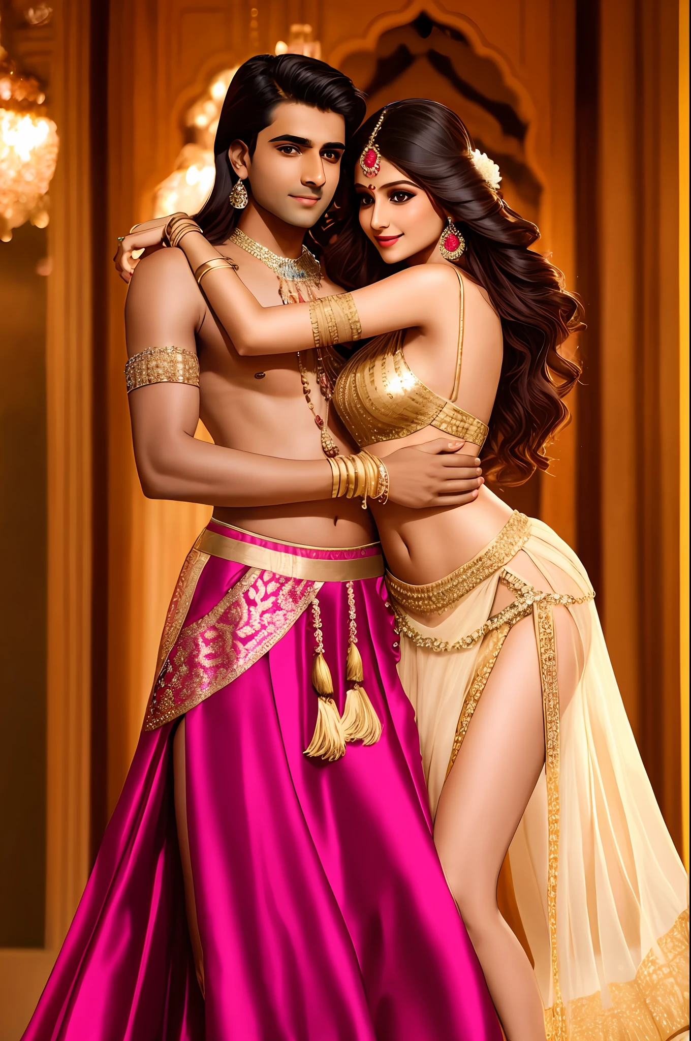 Indian princess show stomach long legs wear jewellers dress type bikini. With 1 man wear formal dress. In office. Hugging pose in front of camera. Realistic image detail image.