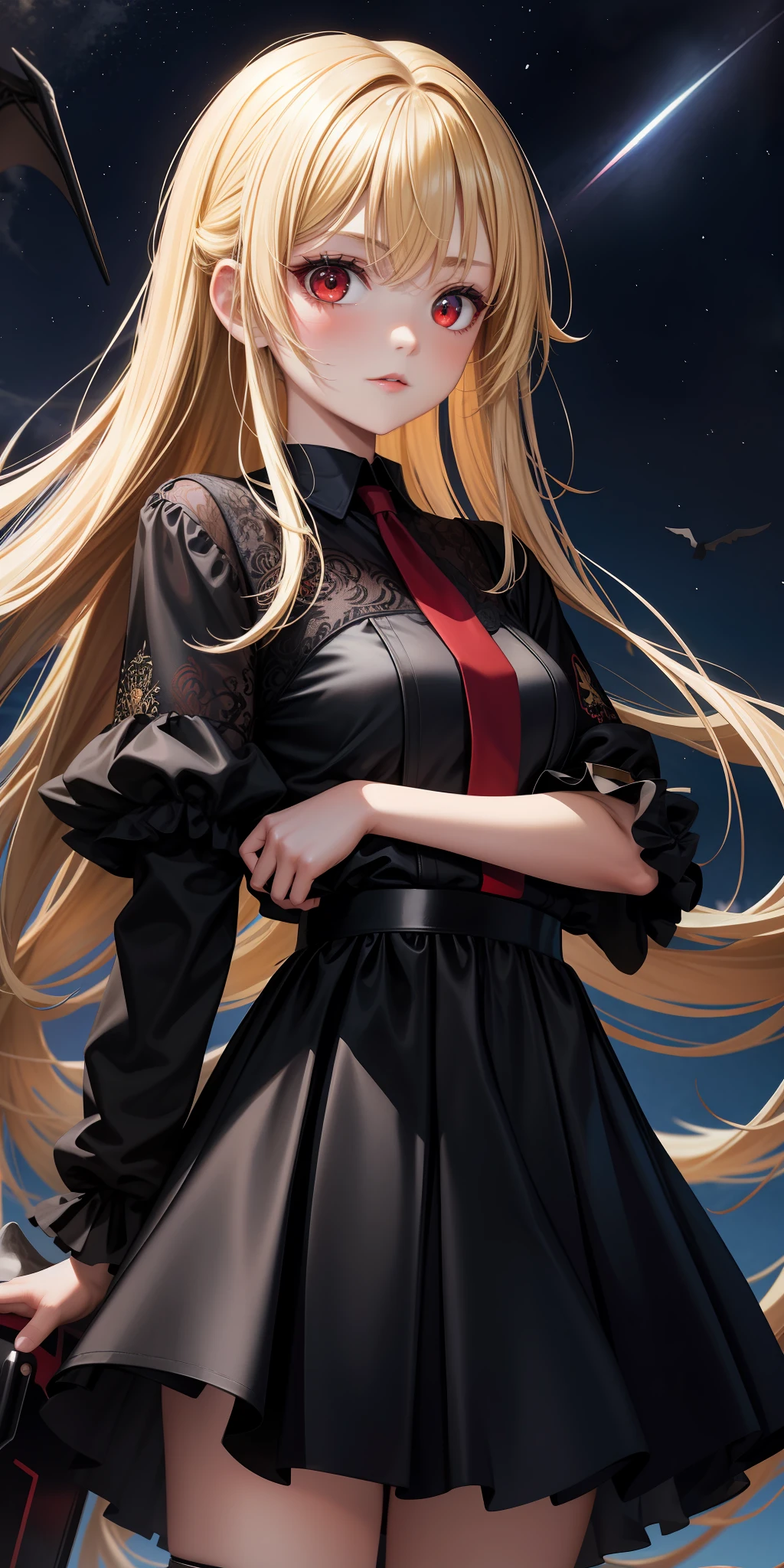 girl alone, blonde, red eyes, black angel wings, sexy, black dress, sky, midnight