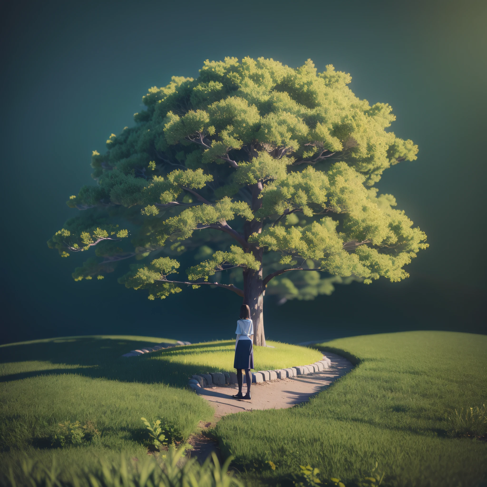 isometric style, 3d render, model, dark background, single tree, ambient light, light and shadow, Makoto Shinkai, young woman blending into tree, logo design, simple color scheme, intricate details, streamlined, masterpiece, high quality