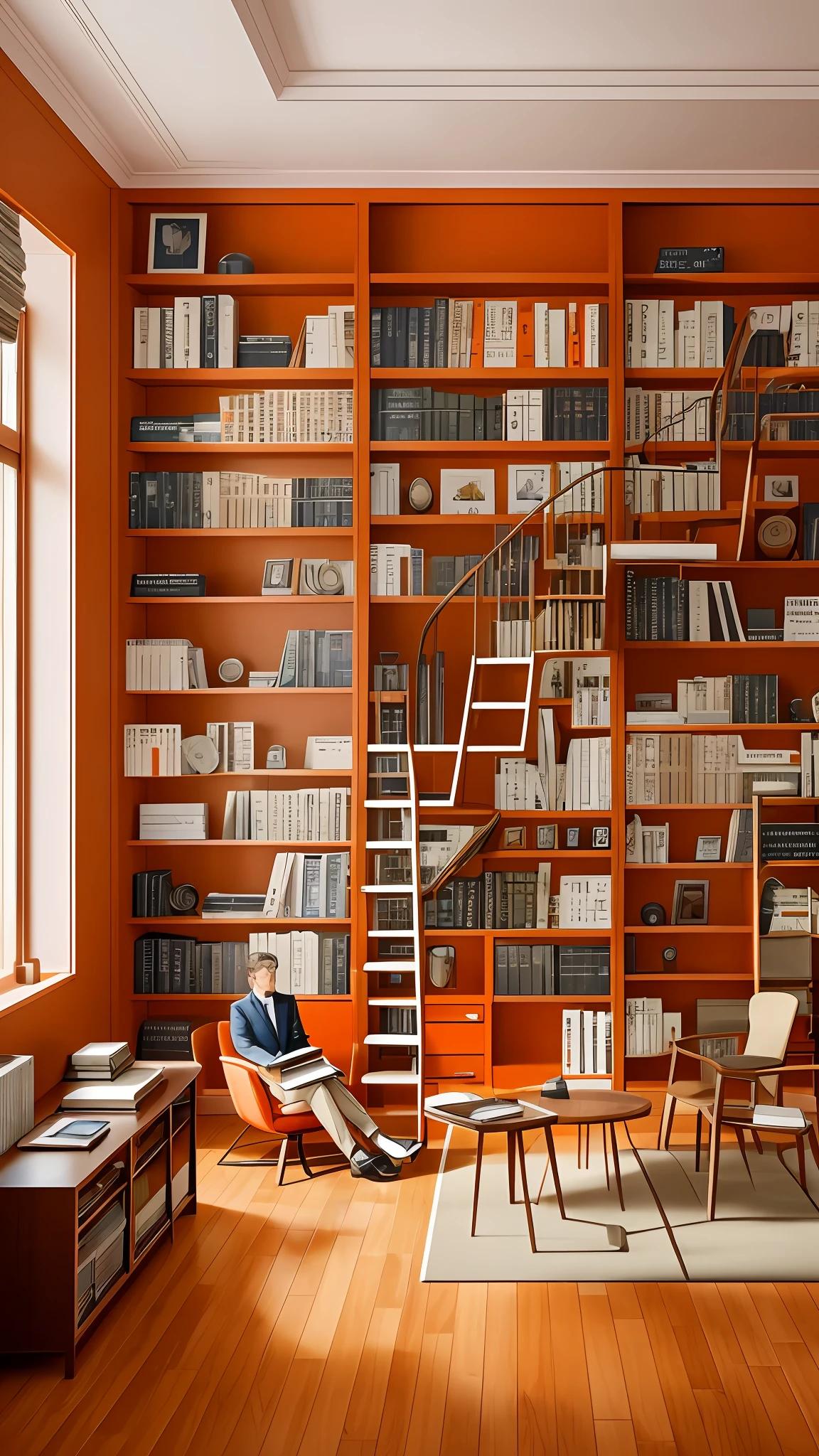 **A male lawyer and a female lawyer in a room with neutral colors, with a bookshelf filled with legal books. Clean orange background, Wes Anderson-style movie cinematic shot, ultra-realistic, 4K, more details, zoom 2, Sharp --auto --s2