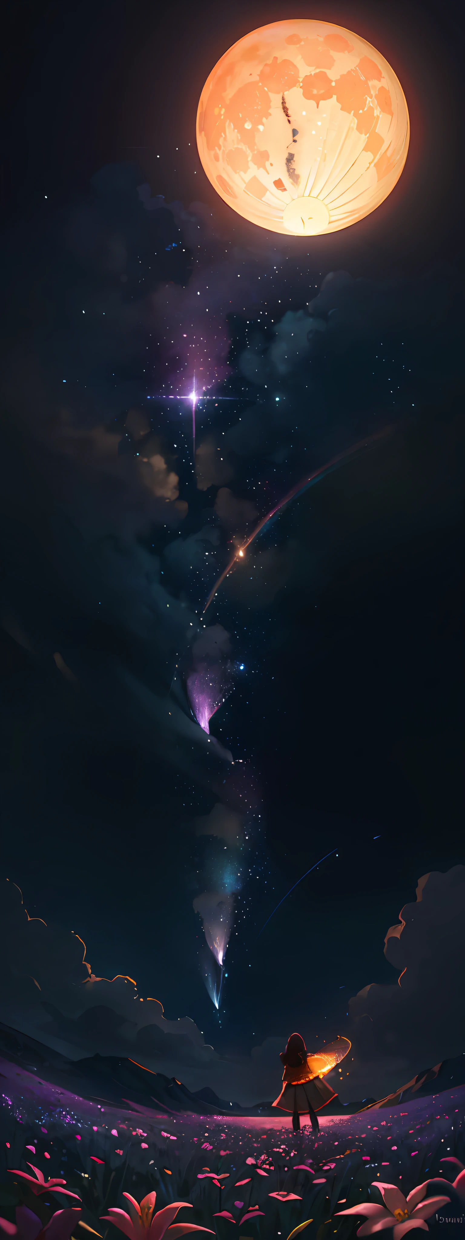 Vast landscape photo, (viewed from below, the sky is above and the open field is below), a girl standing on a flower field looking up, (full moon: 1.2), (meteor: 0.9), (nebula: 1.3), distant mountains , Trees BREAK Crafting Art, (Warm Light: 1.2), (Fireflies: 1.2), Lights, Lots of Purple and Orange, Intricate Details, Volumetric Lighting, Realism BREAK (Masterpiece: 1.2), (Best Quality), 4k, Ultra-Detailed, (Dynamic Composition: 1.4), Very Detailed, Colorful Details, (Rainbow Colors: 1.2), (Glow Lighting, Atmospheric Lighting), Dreamy, Magical, (Solo: 1.2)