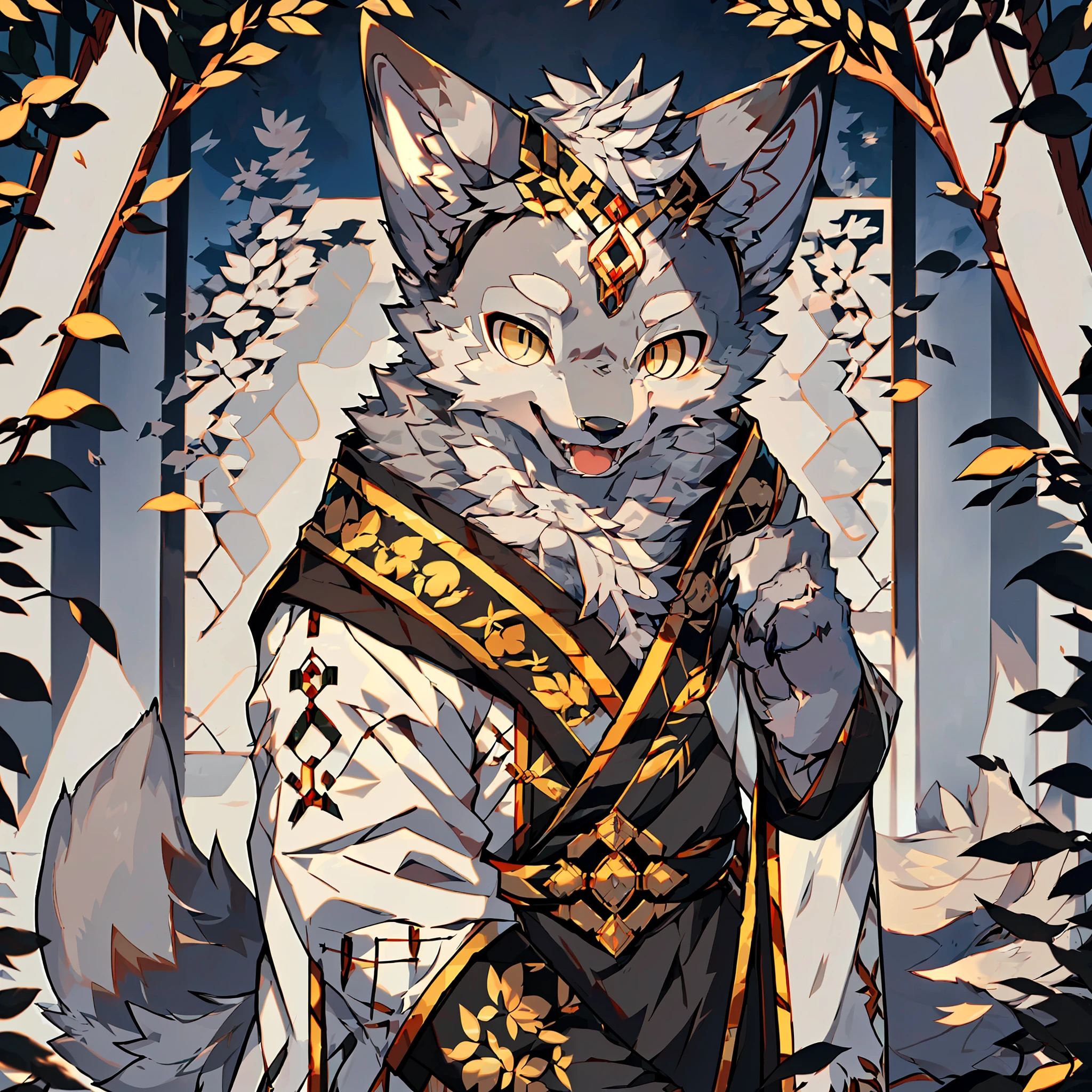 (((solo))), ((single)), (best quality), (masterpiece), (super detailed), furry, (male arctic fox: 1.5), (gray fur: 1.3), gray skin, gray ears, golden eyes, sharp claws, (fluffy tail: 1.2), animal_ear_fluff, sharp focus, Chinese robe, open mouth, tongue sticking out