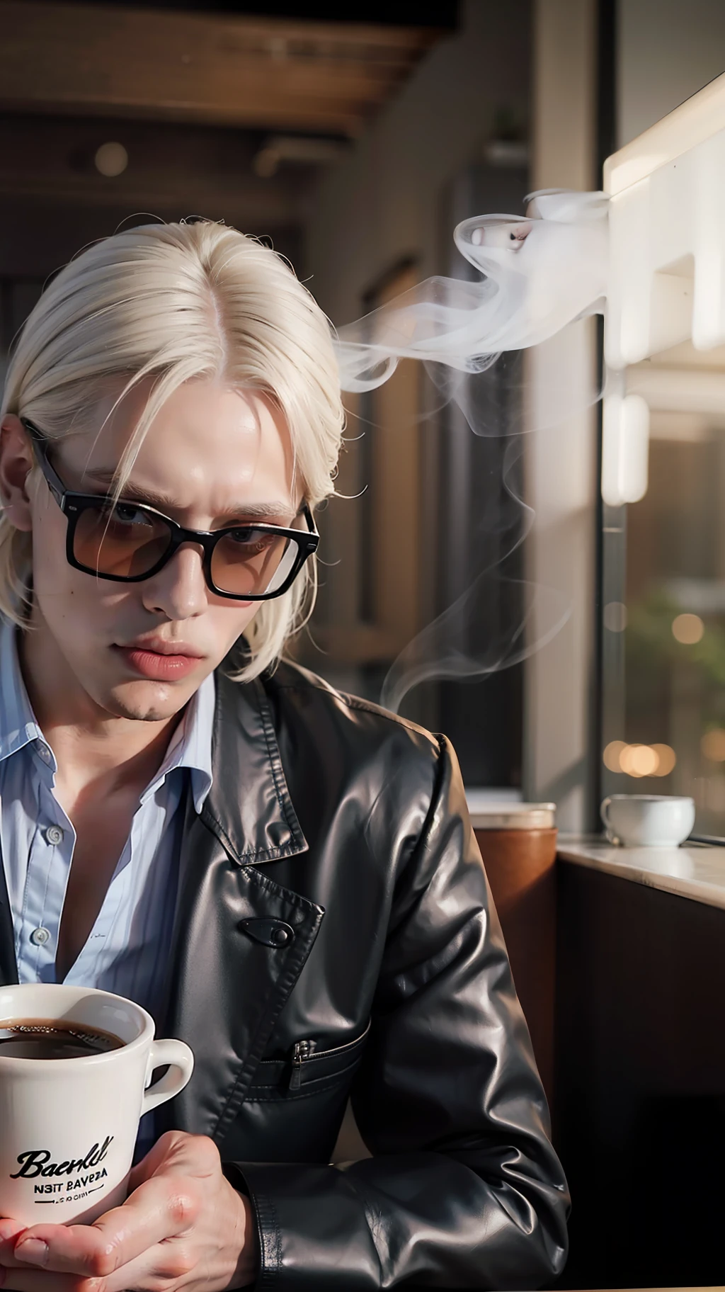 Photography, BALENCIAGA, best quality, 1 boy, man, sharp face, defined face, defined sculptural face, white skin, pale skin, white hair, straight bangs,muscular, healed, big arms, big pectoral, pink chest, fog, deep shadows, short hair, straight hair, drinking coffee, a man in a coffee shop drinking coffee, coffee coming out smoke, hot coffee, big cup, sunglasses, dark overcoat, short blouse