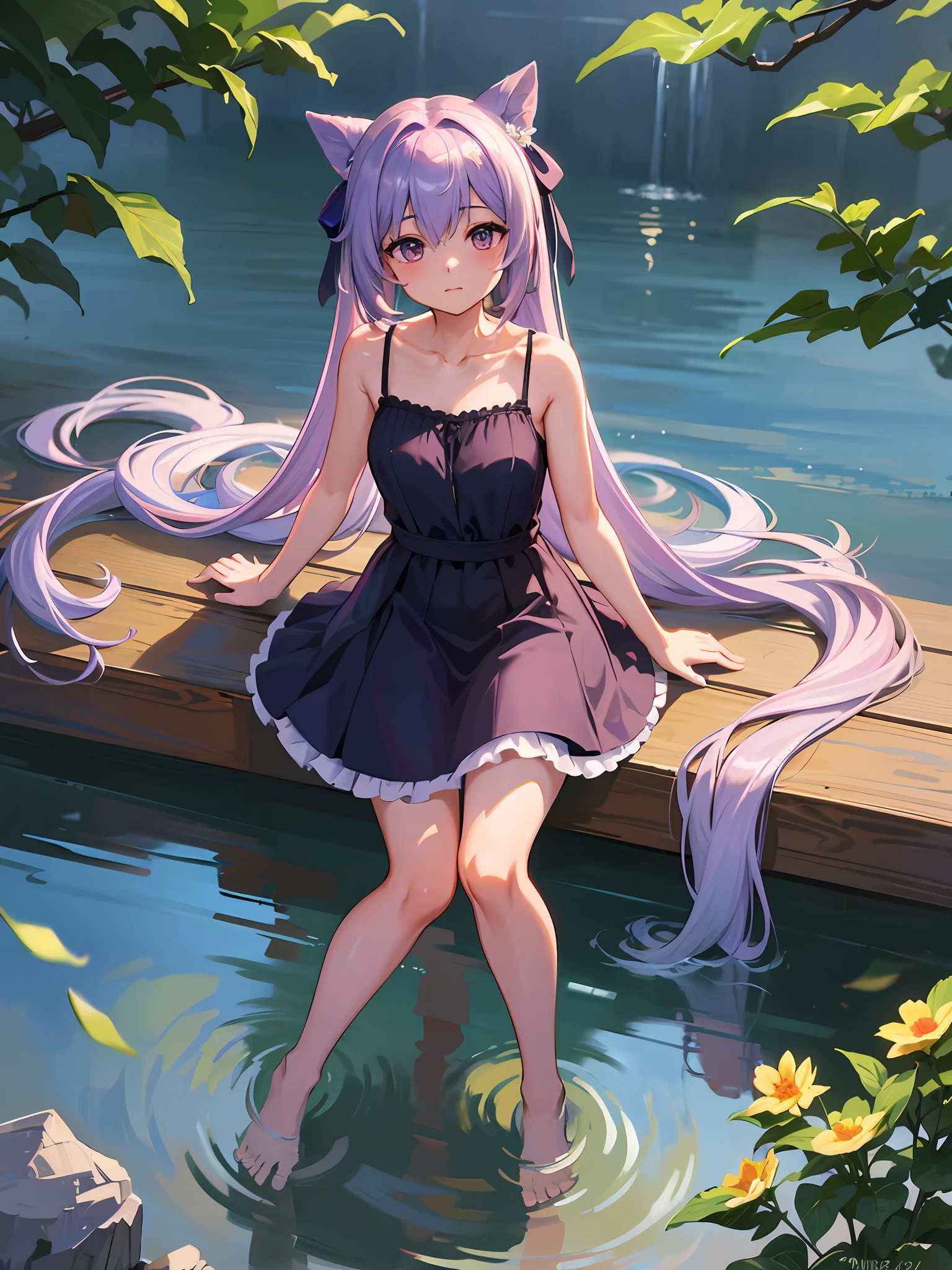 ((Best Quality, 8K, Masterpiece: 1.3)), {{Masterpiece}}, Illustration, Best Quality, Very Detailed CG Unity 8k wallpaper, 1girl_solo, full_body, from_top, looking_at_viewer, looking_up, (White Pantyhose: 1.3), Purple Hair, Double Tail, (Nude Dress: 1.3), hair_ribbon, Strong Edge Light, Lake, Flowers, Rain, clothes splash, (wet clothes: 1.6), ************, good figure, sexy and attractive woman, sitting, collarbone, slip sleeveless dress, Sleeveless, The arms are unobstructed,