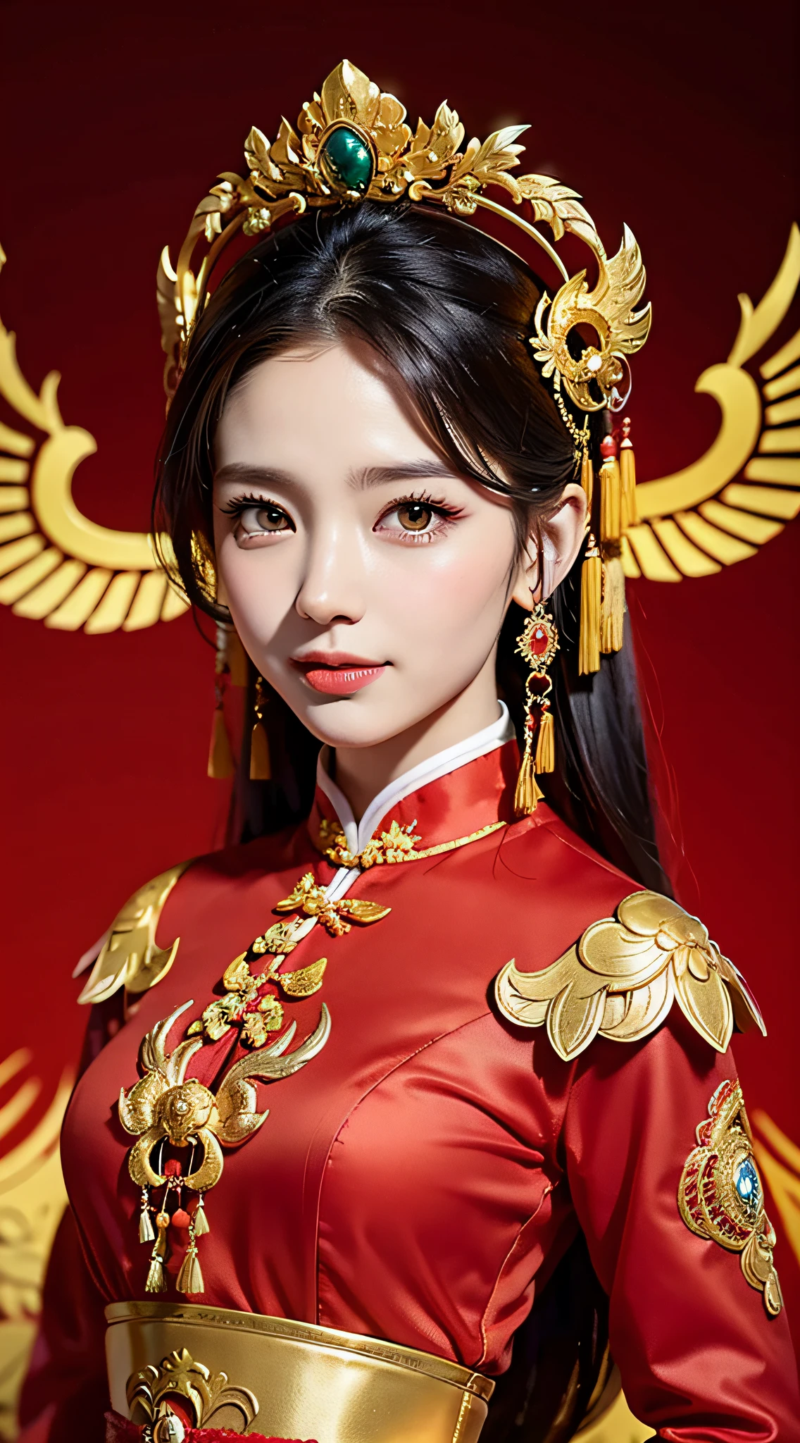 (8k, RAW Photo, Best Quality, Masterpiece: 1.2), (Realistic, Realistic: 1.37), 1 Girl, Woman in Red Dress and Headdress Posing for Photo, Gorgeous Role Play, Beautiful Costume, Chinese Dress, Complex Dress, Complex Costume, Traditional Beauty, Gorgeous Chinese Model, Chinese Costume, Wearing Gorgeous Costume, Wearing Elegant Chinese Xiuhe Dress, Chinese Wedding Dress, Phoenix Crown Xia Hanging, Antique Bride, Xiuhe Costume, Close Up, Wearing Phoenix Crown, Smile, No Watermark, Dragon and phoenix embroidered dress