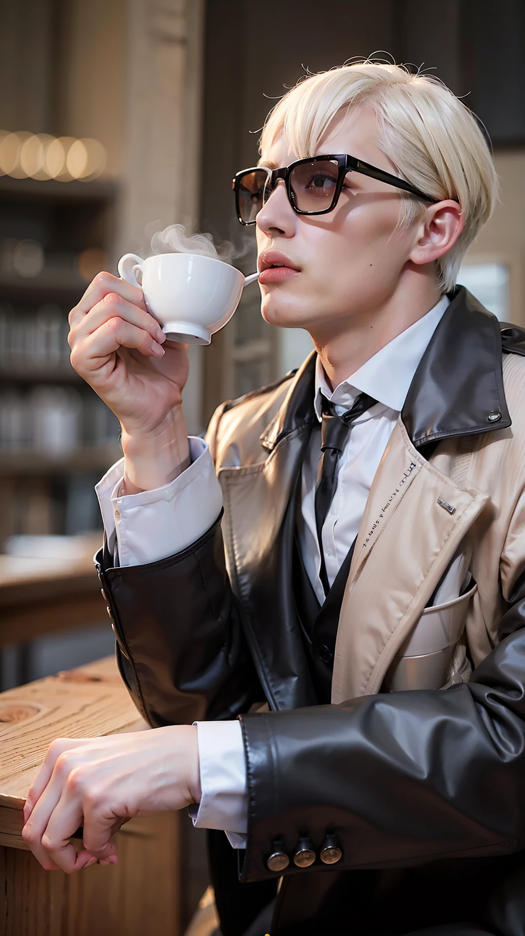 Photography, BALENCIAGA, best quality, 1 boy, man, sharp face, defined face, defined sculptural face, white skin, pale skin, white hair, straight bangs,muscular, healed, big arms, big pectoral, pink chest, fog, deep shadows, short hair, straight hair, drinking coffee, a man in a coffee shop drinking coffee, coffee coming out smoke, hot coffee, big cup, sunglasses, dark overcoat, short blouse