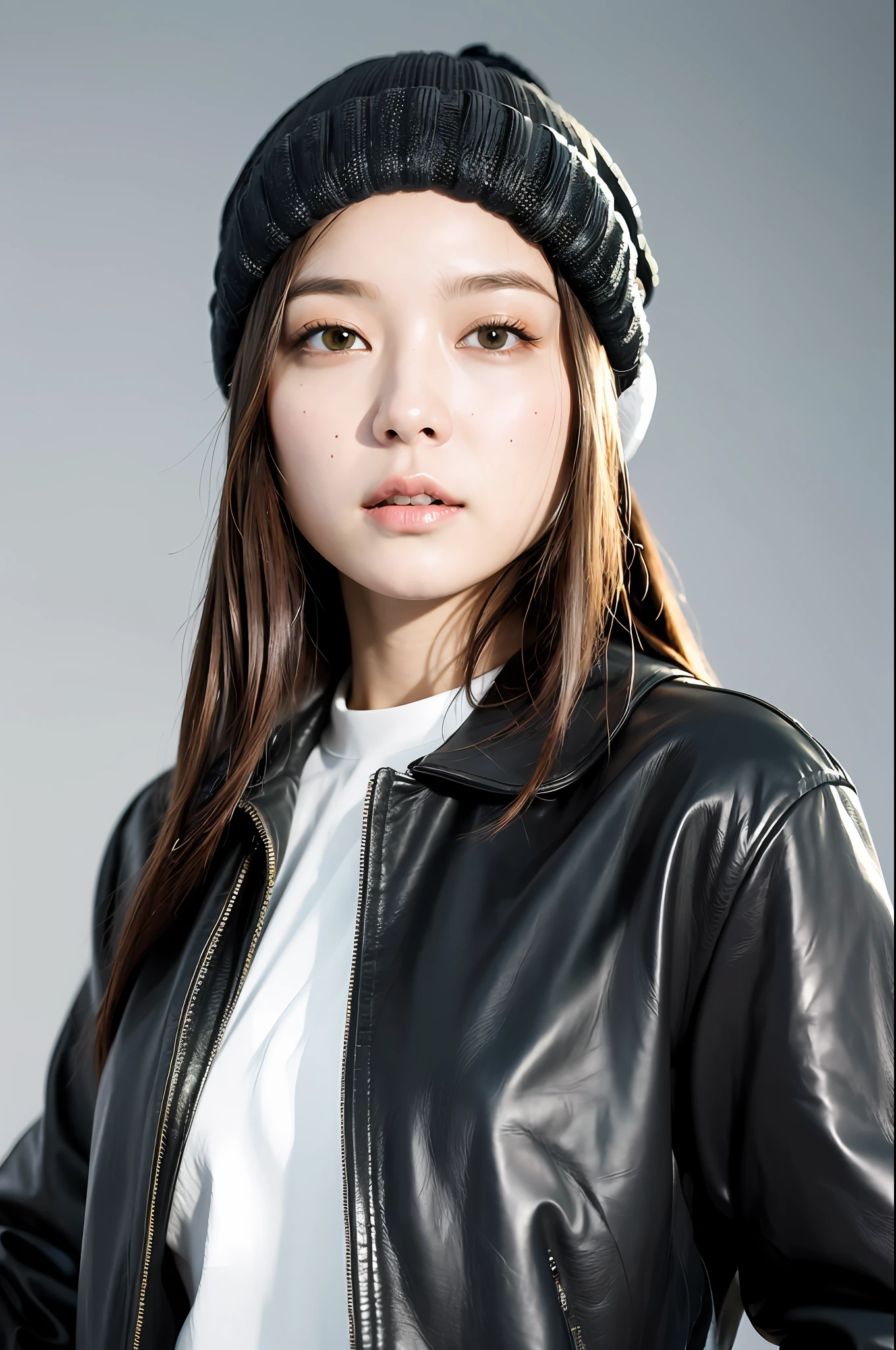 (
(8k:1.27), best quality, masterpiece, ultra highres:1.2) Photo of Pretty Japanese woman
 (beautiful:1.1) (sci-fi warrior woman:1.1) space soldier, (beanie:1.61) (leather jacket:1.21) intricate elegant, fantasy, detailed, ometric by greg rutkowski and alphonse mucha, gradient lighting