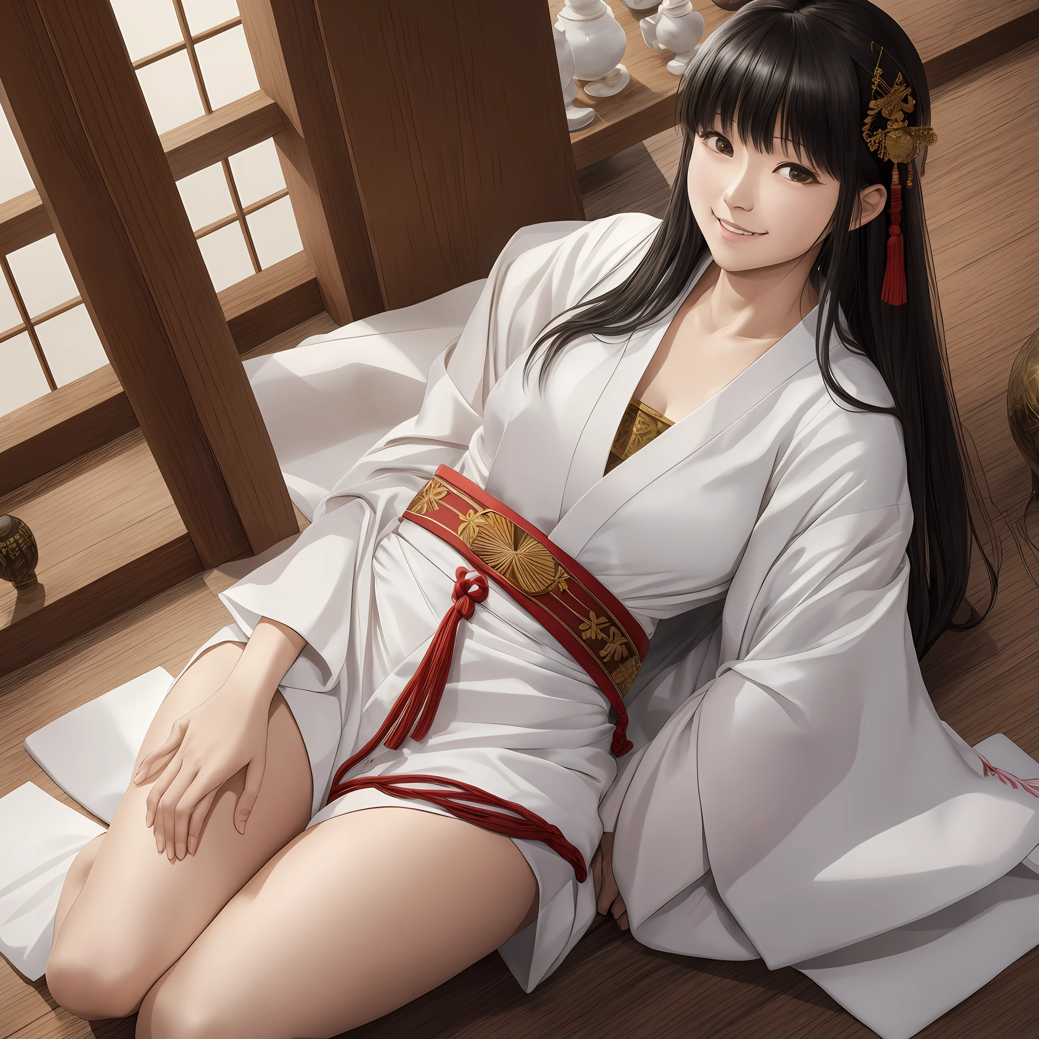NSFW, 8K Raw Photography, Best Quality, Masterpiece, Ultra HD, Film Grain, filmg, 1girl, Watch Viewer, Natural Skin Texture, Realistic Eye and Face Details,
Japanese. , 1 8 years, 1 person,
Occupation is priestess, wearing a priestess costume (white kimono, vermilion hakama), wearing white tabi boots,
, Akiko Takase, Kazue Kato, , Aya Takano, Etsuko Miura, Gengee, Tsugumi Oba, Chiho, Rinko Kawaichi, Takeyuki Kanda,
Height 158 cm, weight 53 kg, bust 83 cm (D cup), waist 61 cm, hips 86 cm, simple priestess,
smooth black hair, bangs,
The place is the main shrine of a large shrine in Japan, lying on the altar, as an offering to the gods, disheveled black hair, looking at the viewer with a smile from the front, solo , full body --auto --s2